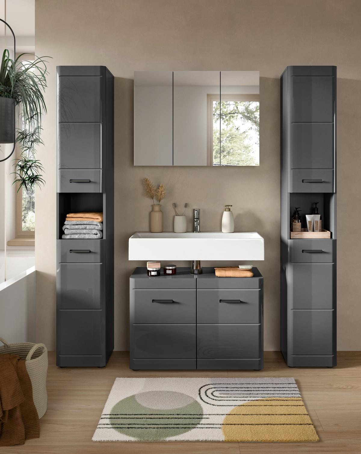 Badezimmer Soft 4-tlg. ca. 150 cm Grau hochglanz - Grau Hochglanz/Schwarz, MODERN, Holzwerkstoff/Kunststoff (150cm) - MID.YOU