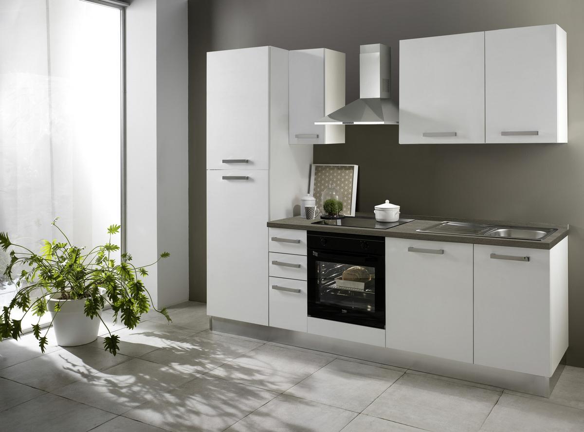 Küchenblock Belluna m. Geräten Weiß - Eiche dunkel/Alufarben, Basics, Holzwerkstoff/Kunststoff (255cm) - MID.YOU