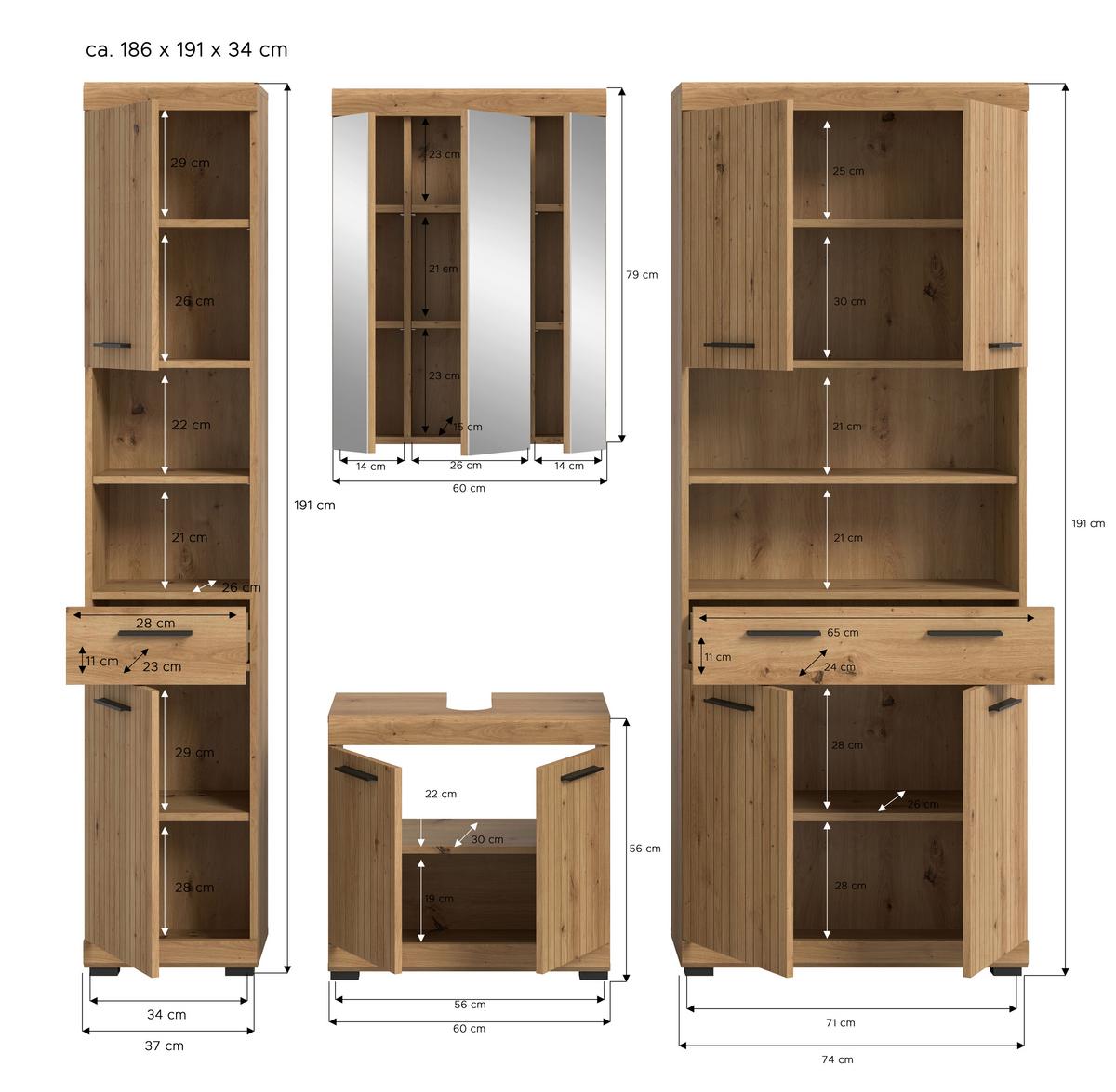 Badezimmer Scout Eiche Artisan 4-teilig - Schwarz/Eiche Artisan, Trend, Glas/Holzwerkstoff (171cm) - MID.YOU