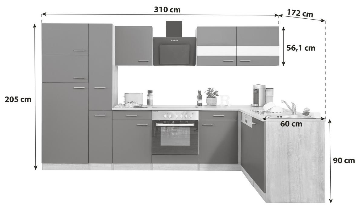 Kotna Kuhinja Brez Aparatov Oliver, 310cm - barve nerjavečega jekla/siva, Basics, kovina/leseni material (310/172cm) - Respekta