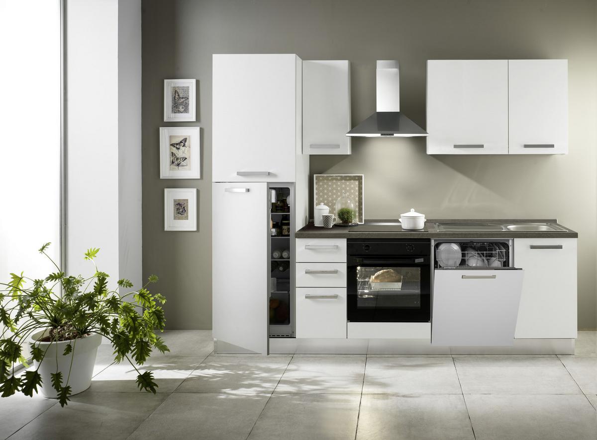 Küchenblock Belluna m. Geräten Weiß - Eiche dunkel/Alufarben, Basics, Holzwerkstoff/Kunststoff (255cm) - MID.YOU