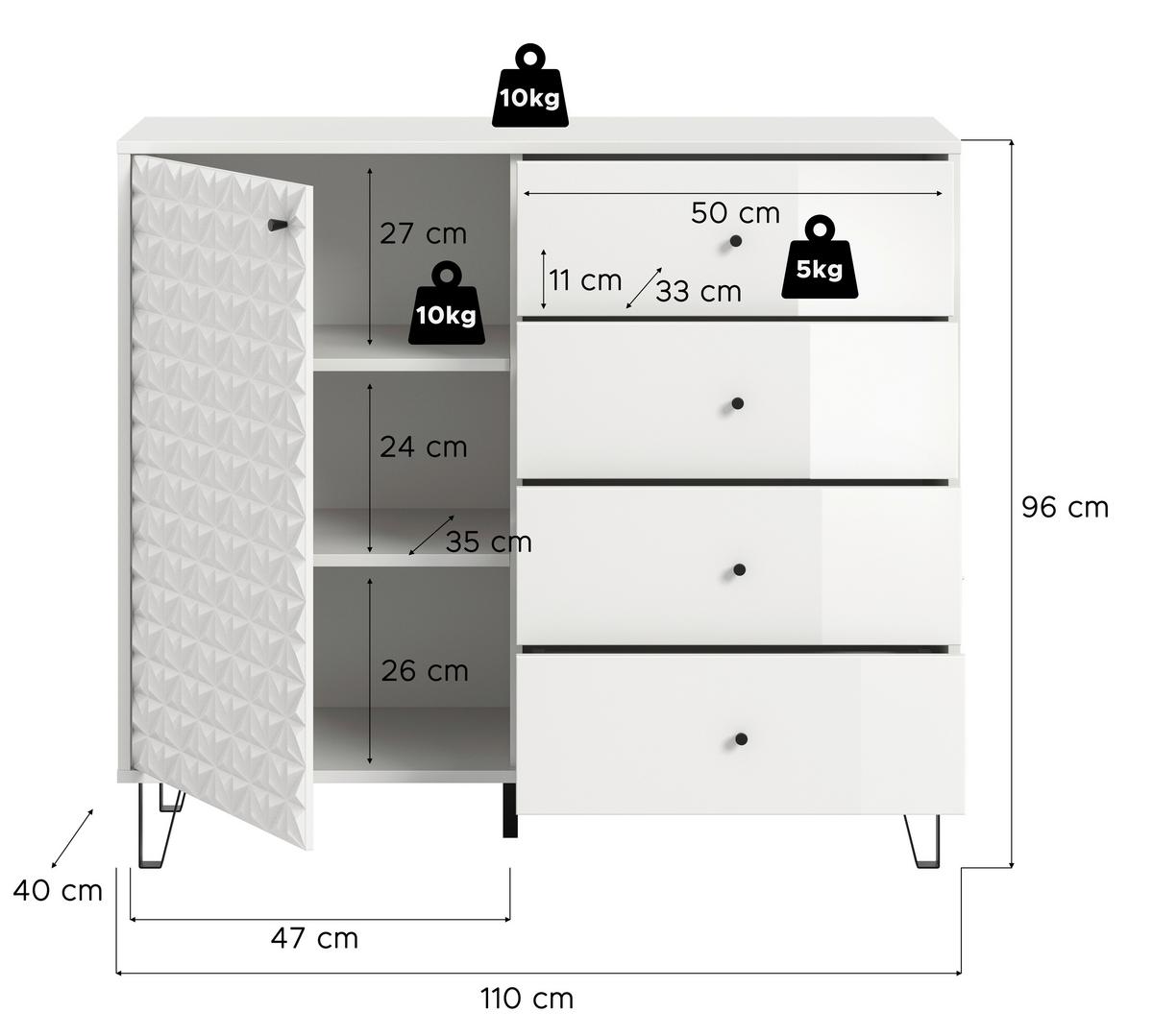 Highboard Prisma Weiß hochglanz - Weiß Hochglanz/Schwarz, Design, Holzwerkstoff/Kunststoff (110/96/40cm) - Livetastic
