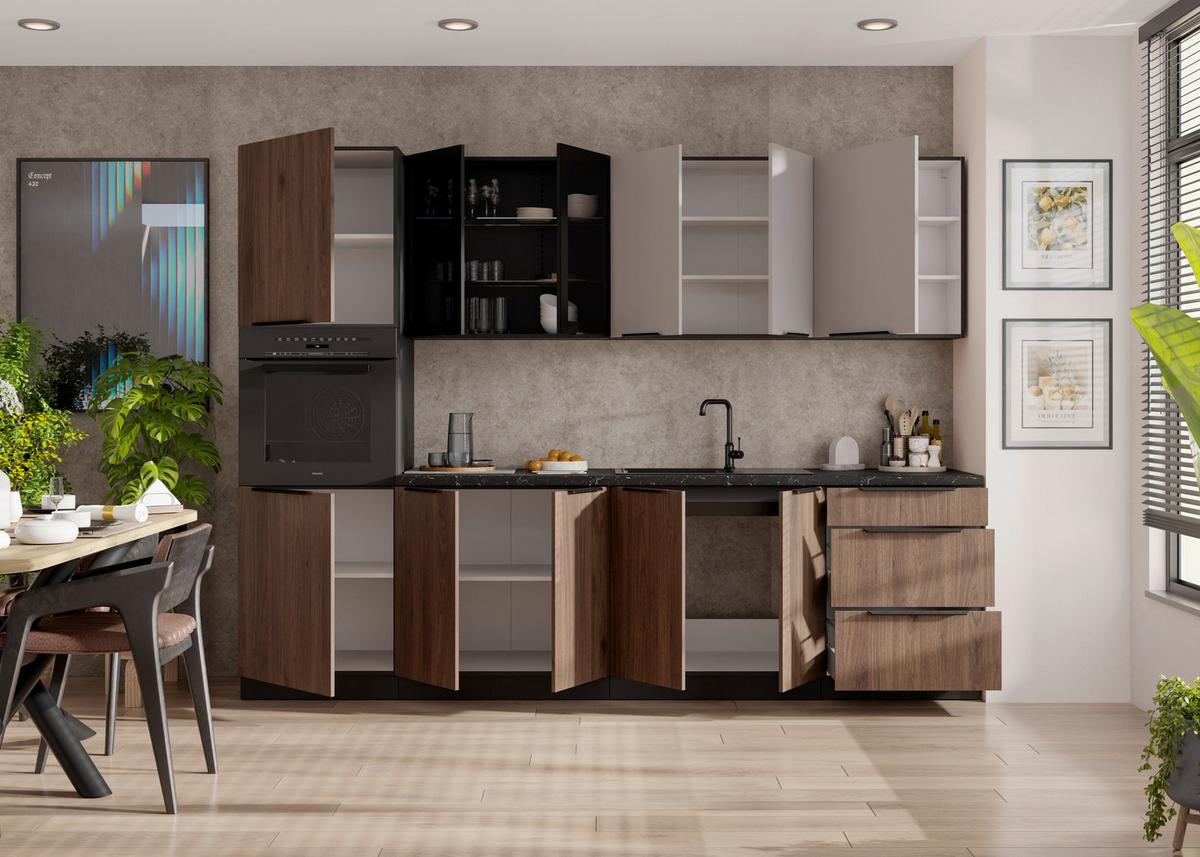 Blok Kuhinja Monza/arona - kašmir/boja orahovog drveta, Moderno, staklo/metal (260/210/60cm) - Modern Living