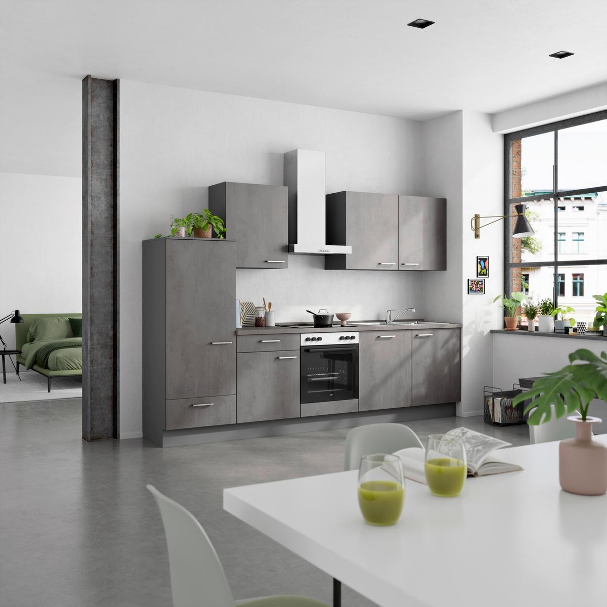 Küchenblock Riva Low m. Geräten Schieferfarben - Schieferfarben/Edelstahlfarben, MODERN, Holzwerkstoff/Metall (300cm) - Nobilia