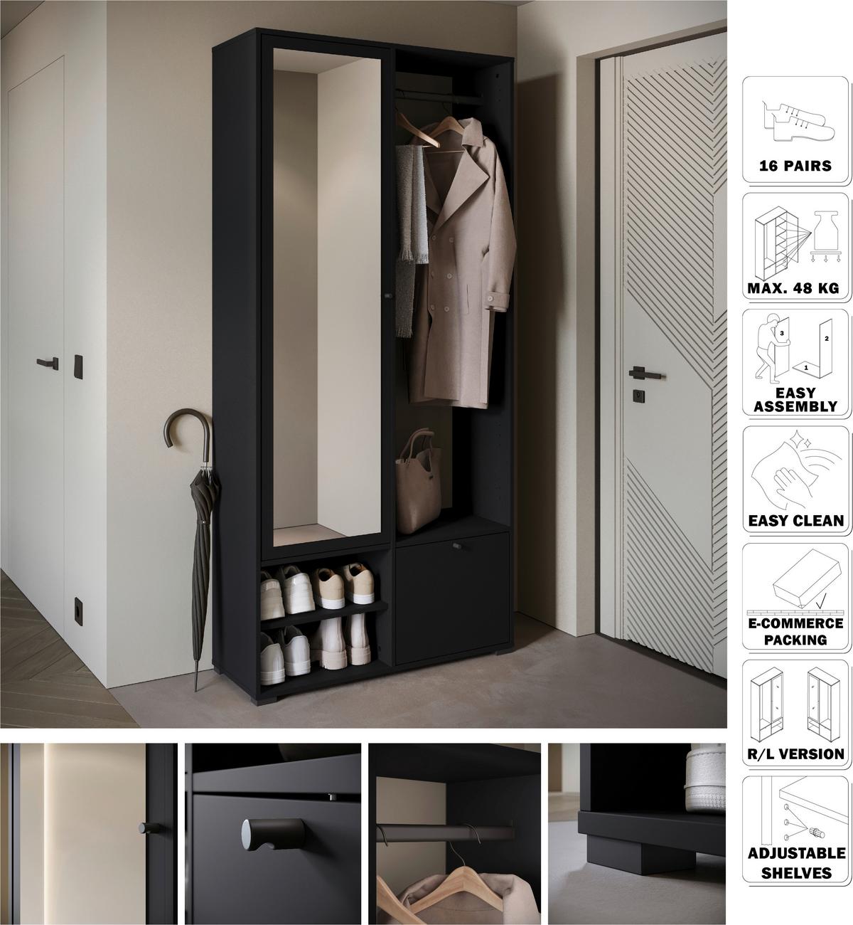 Garderobe Dino ca. 90x190 cm Schwarz - Schwarz, Trend, Holzwerkstoff (90/190/33cm) - MID.YOU
