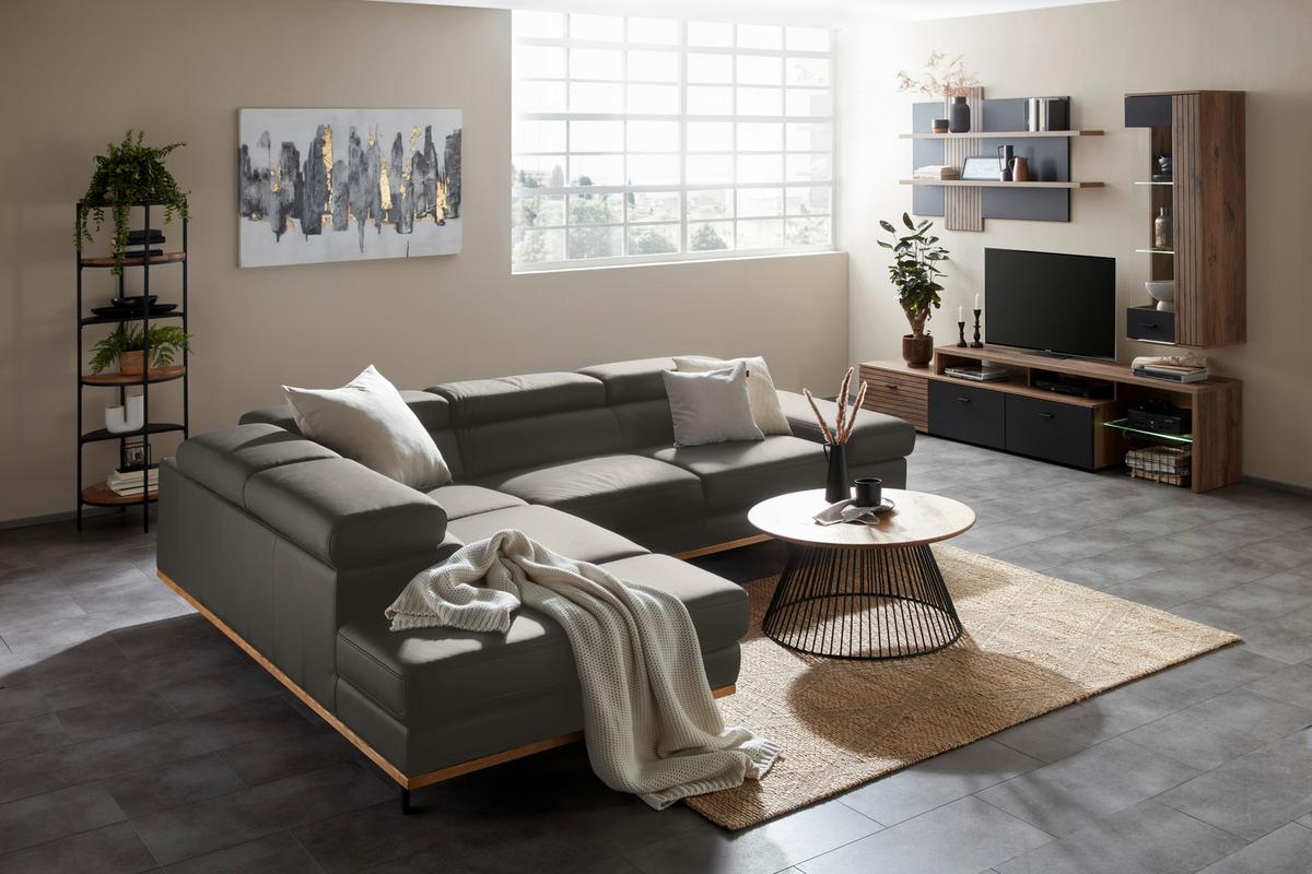 Wohnlandschaft Carmen Graublau - Graublau/Schwarz, MODERN, Leder/Holz (292/72/226cm) - Premium Living