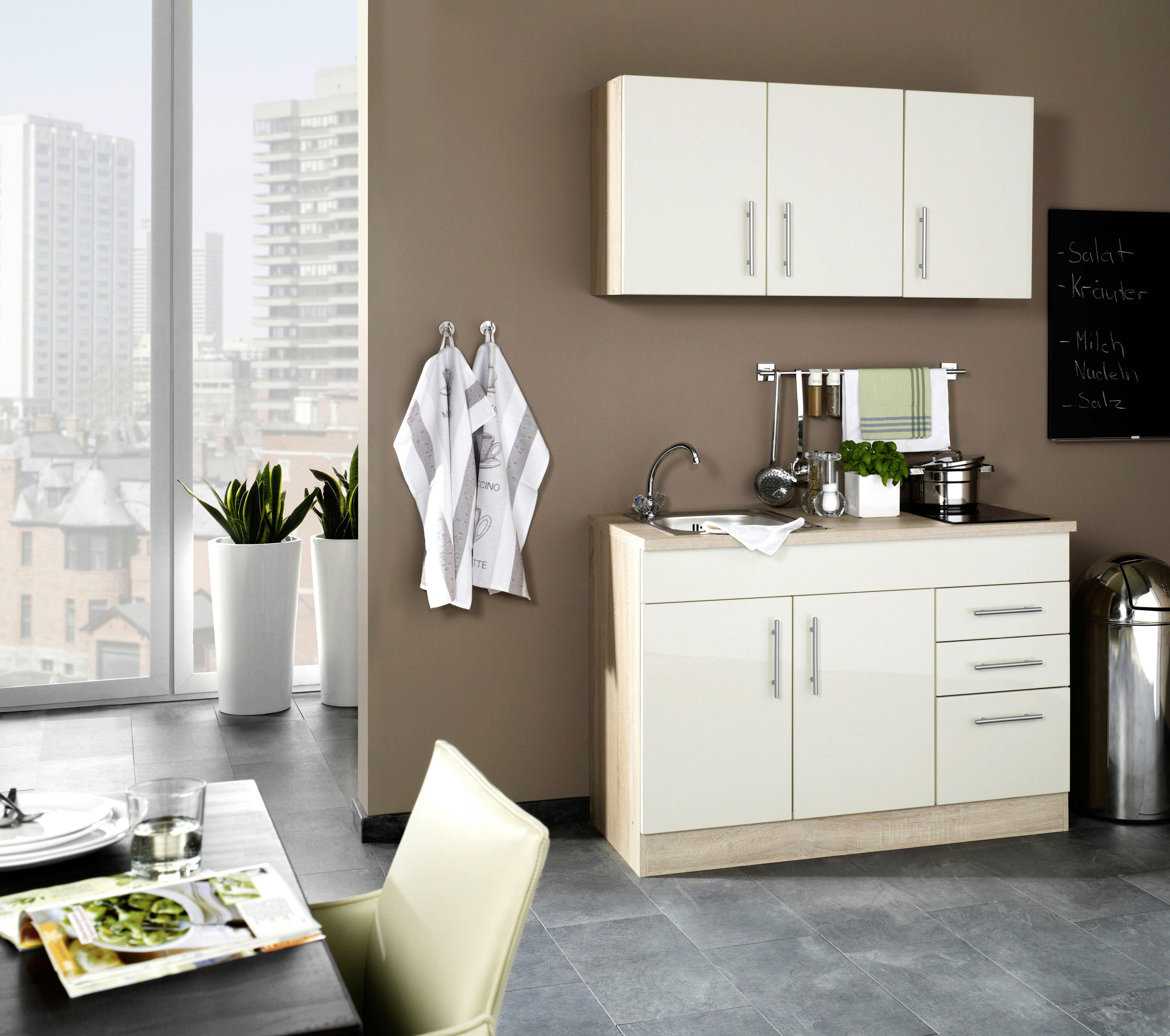 Miniküche Toronto B: ca. 120cm Creme/Eichefarben - Chromfarben/Eichefarben, MODERN, Holzwerkstoff/Metall (120cm) - Held