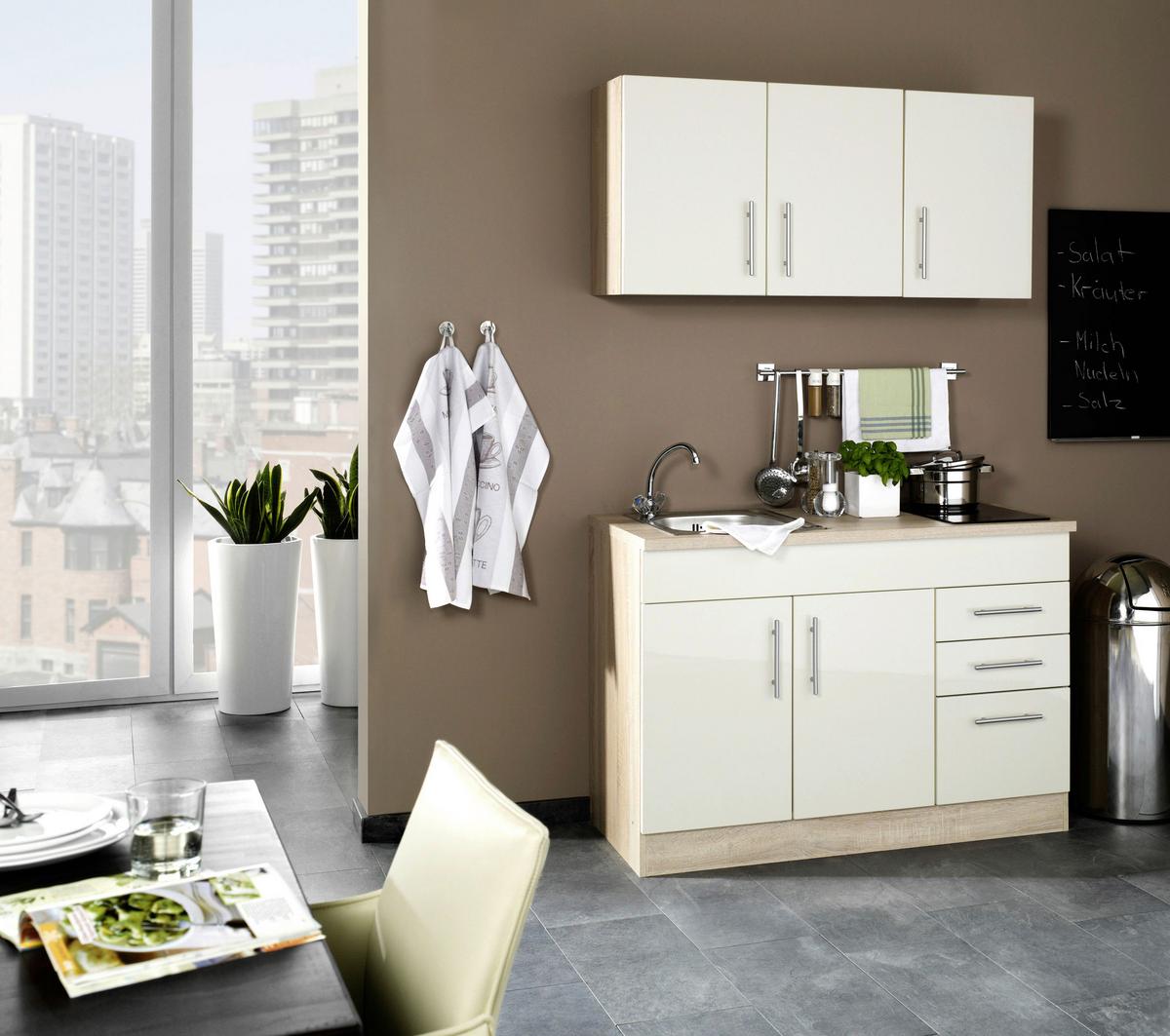 Miniküche Toronto B: ca. 120cm Creme/Eichefarben - Chromfarben/Eichefarben, MODERN, Holzwerkstoff/Metall (120cm) - Held