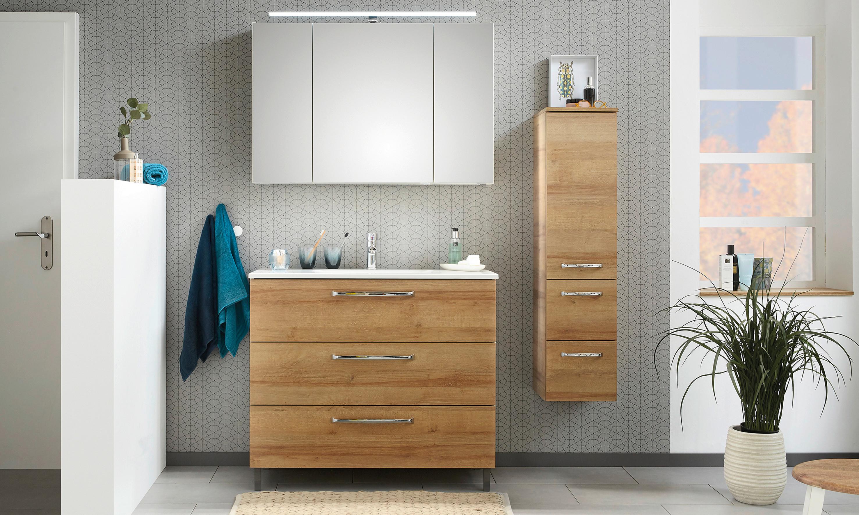 Mosdó Alsószekrény Luga - króm/tölgyfa, Modern, faalapú anyag (100/77/43cm)
