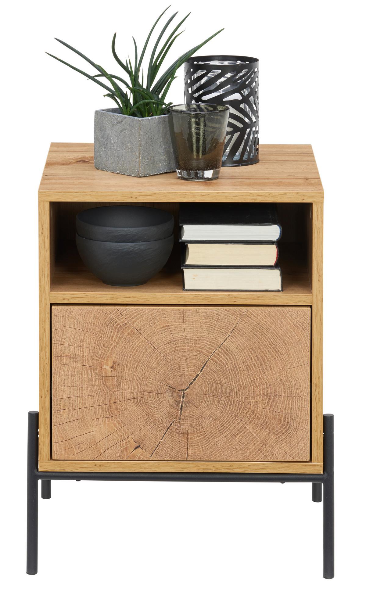 SZAFKA NOCNA LIVI - kolor dębowy/czarny, Design, materiał drewnopochodny/metal (44/55/40cm) - Carryhome