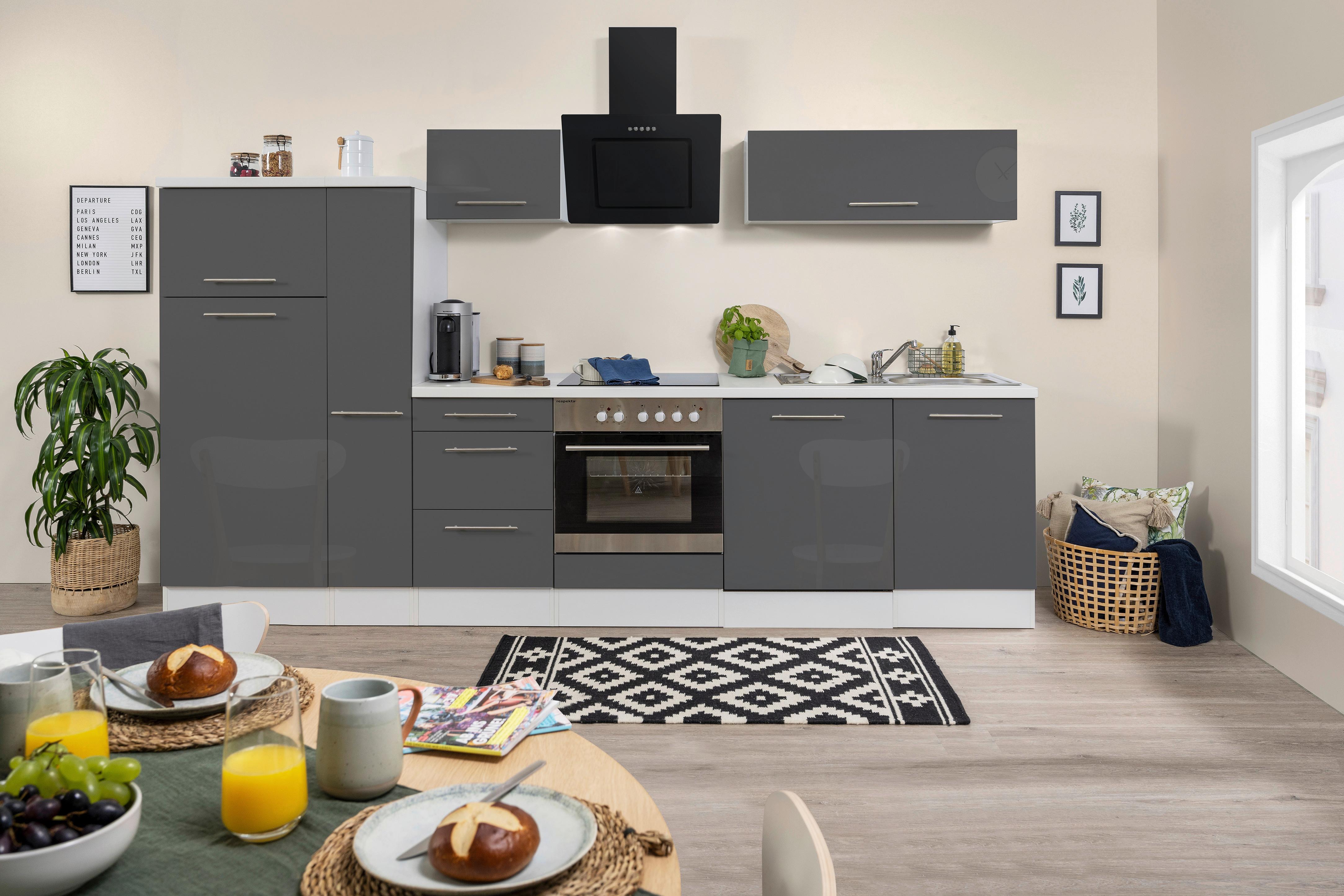 Küchenzeile mit Geräte Grau/Weiß B: ca. 310 cm - Edelstahlfarben/Weiß, KONVENTIONELL, Holzwerkstoff/Metall (310cm) - Respekta