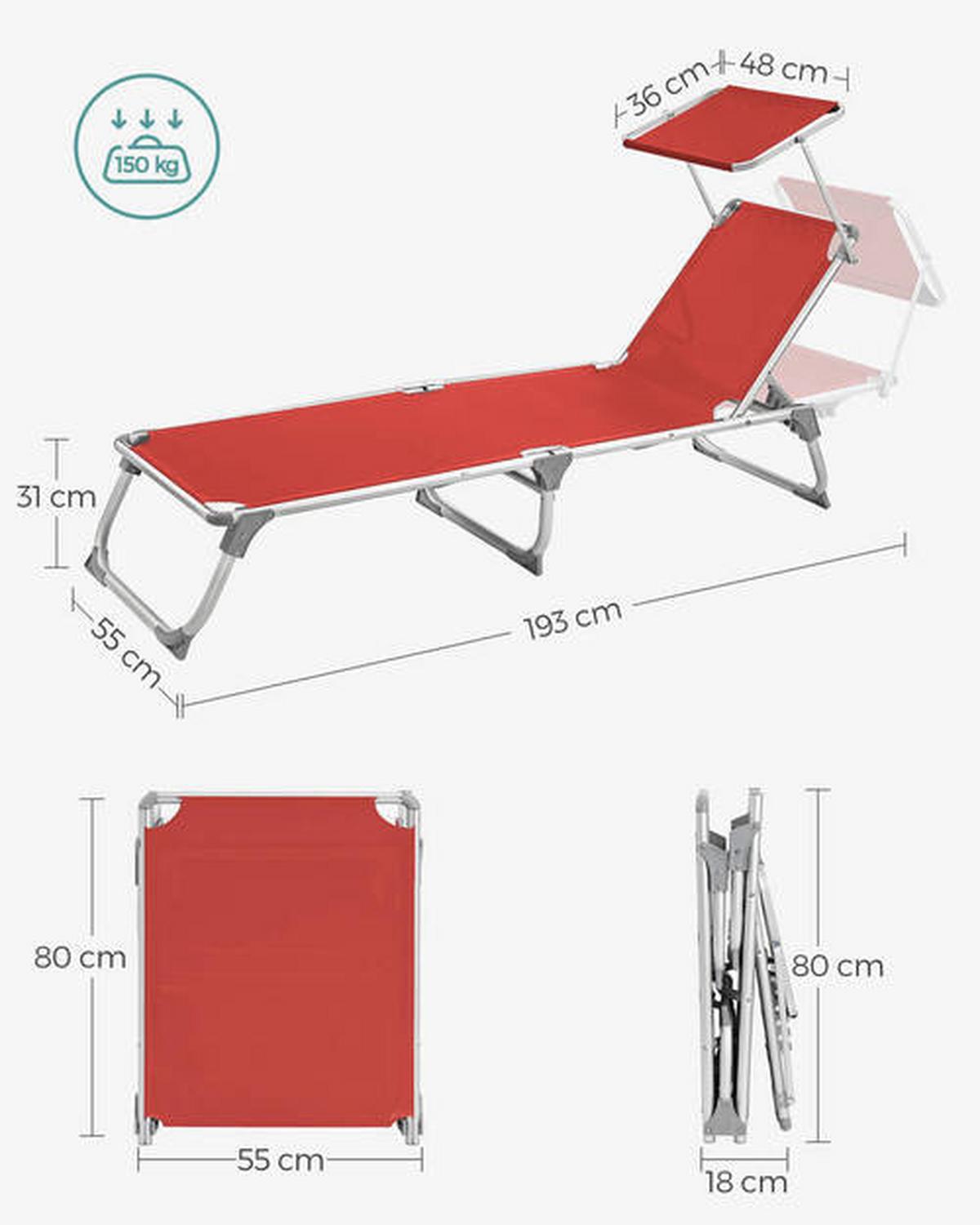 Gartenliege Rot/Alufarben mit Sonnendach - Rot/Alufarben, MODERN, Textil/Metall (55/31/193cm) - Modante