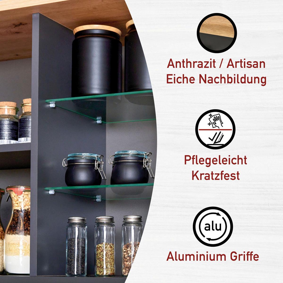 Küchenleerblock Bundle 4 o. Geräte Anthrazit - Anthrazit/Schwarz, MODERN, Glas/Holzwerkstoff (300cm) - home24