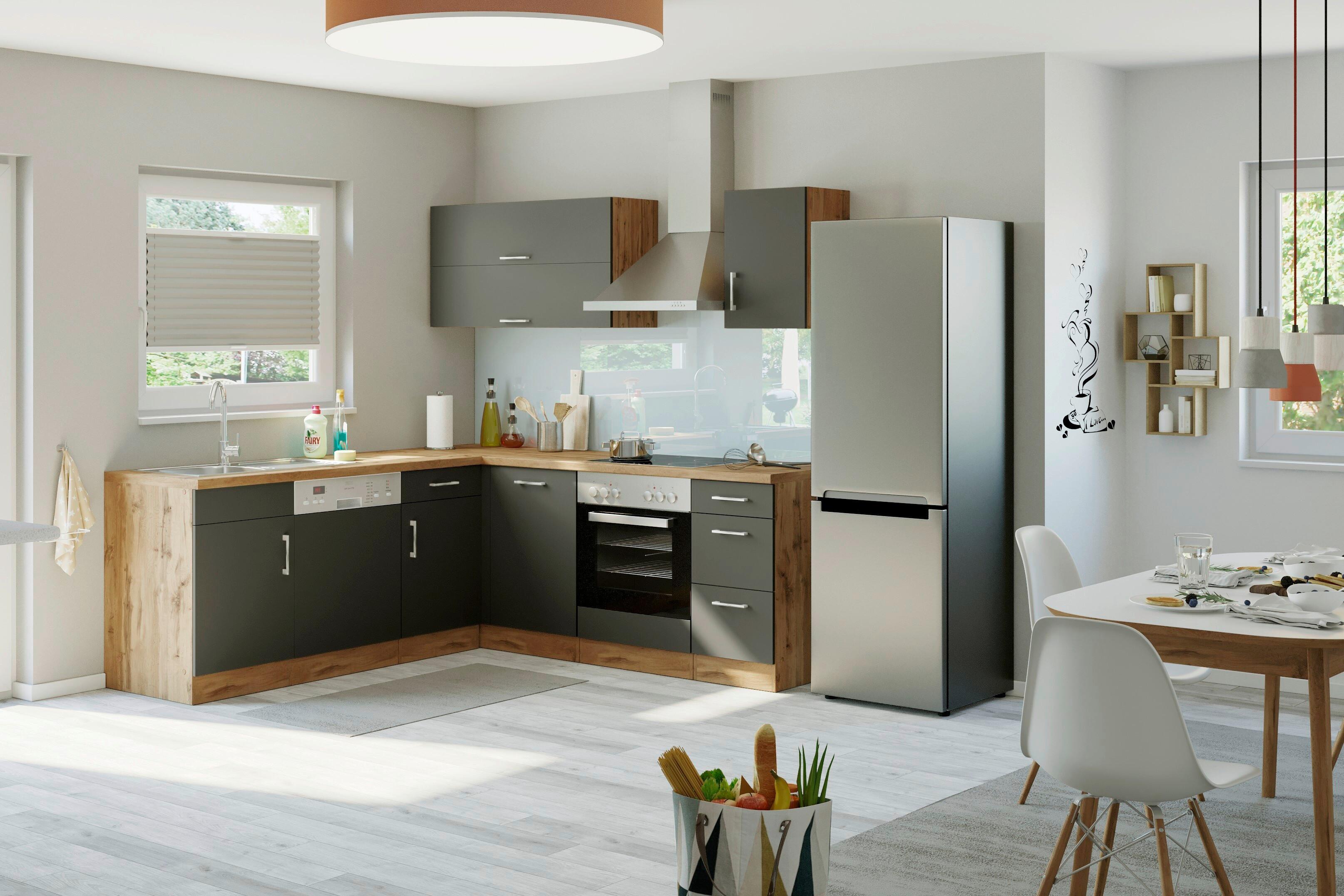 Eckküche Winkelblock mit Geräten ca. 210x210 cm Grau - Chromfarben/Anthrazit, MODERN, Holzwerkstoff/Metall (210/210cm) - Held