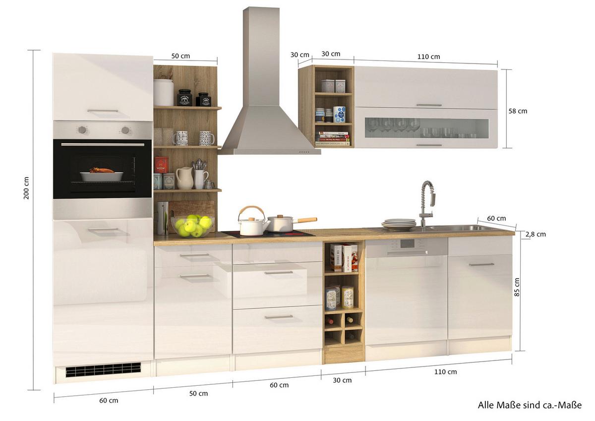 Küchenleerblock Mailand o. Geräte Weiß Hochglanz - Weiß Hochglanz/Silberfarben, MODERN, Holzwerkstoff/Metall (310cm) - Held