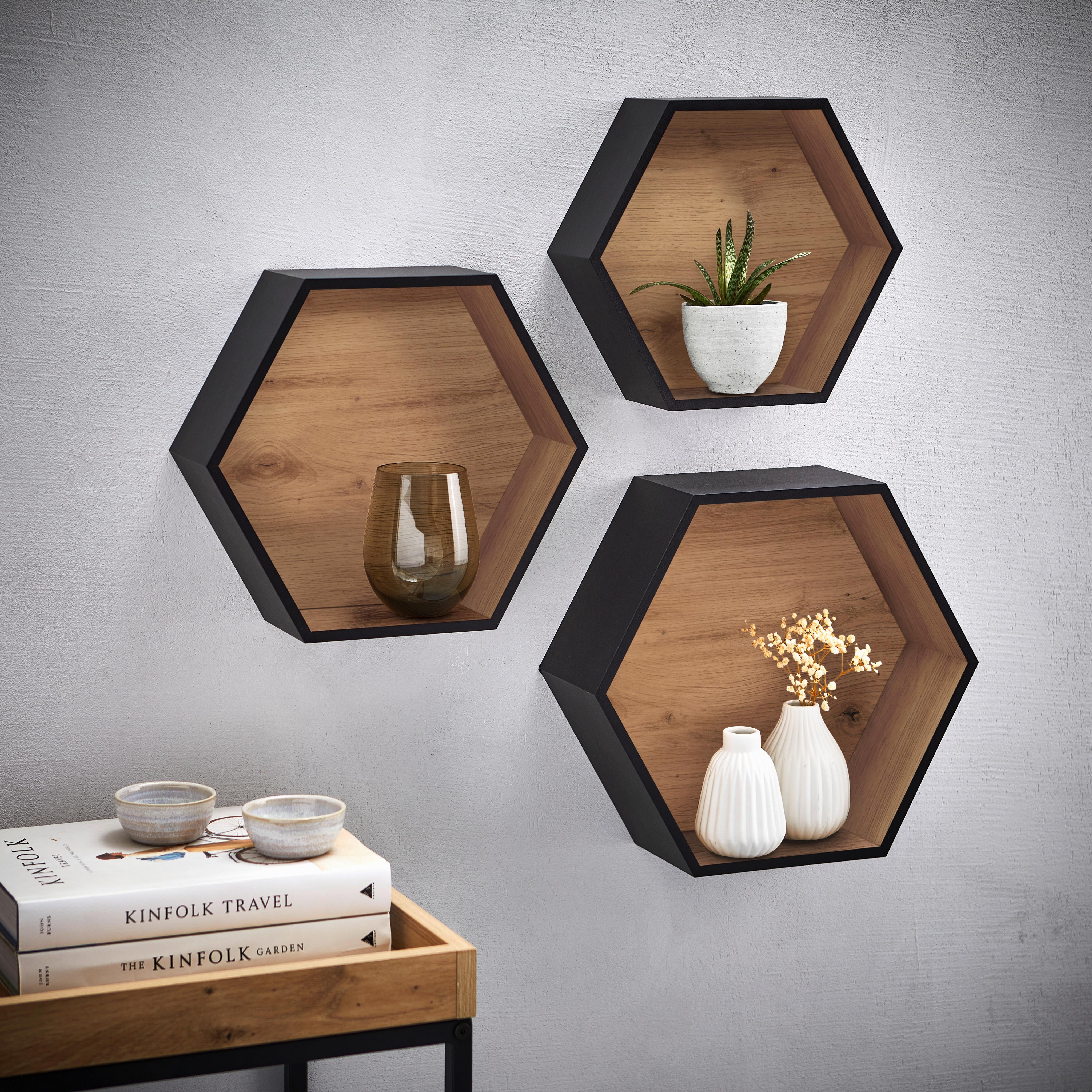 ZESTAW REGAŁÓW ŚCIENNYCH BEN - czarny/dąb artisan, Basics, materiał drewnopochodny (30-37/26-32/9-12cm) - Xora