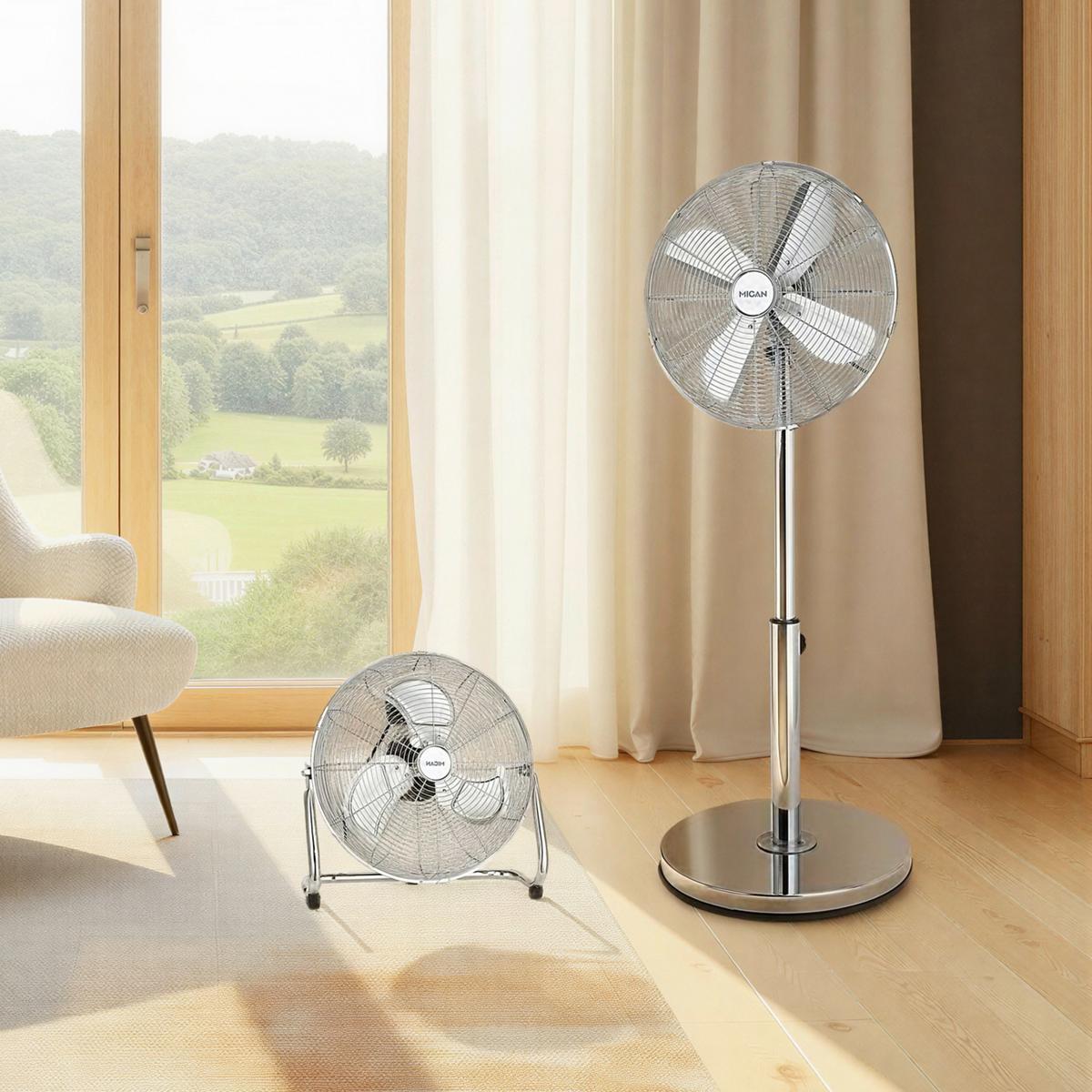 WENTYLATOR PODŁOGOWY FINN - kolor chromowy, Basics, tworzywo sztuczne/metal (49/18/48cm) - Mican