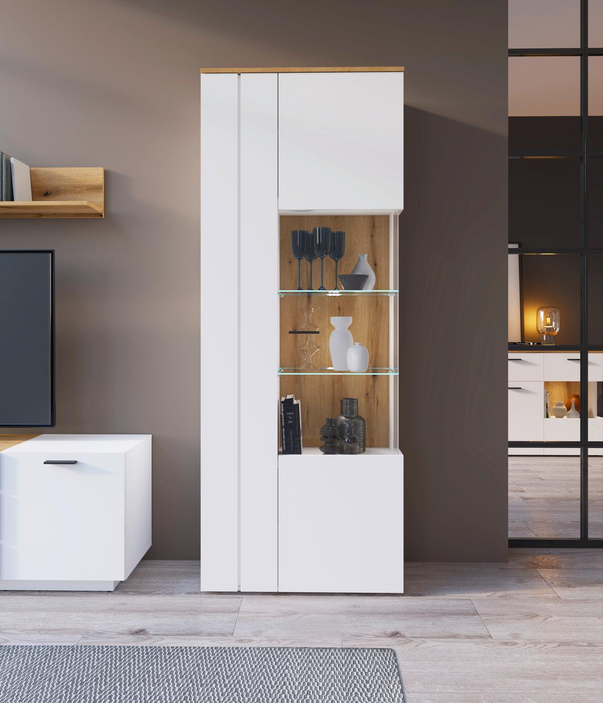 Vitrina Dalano - bijela/boje hrasta, Trend, staklo/drvni materijal (77,7/201,8/37,2cm) - Modern Living