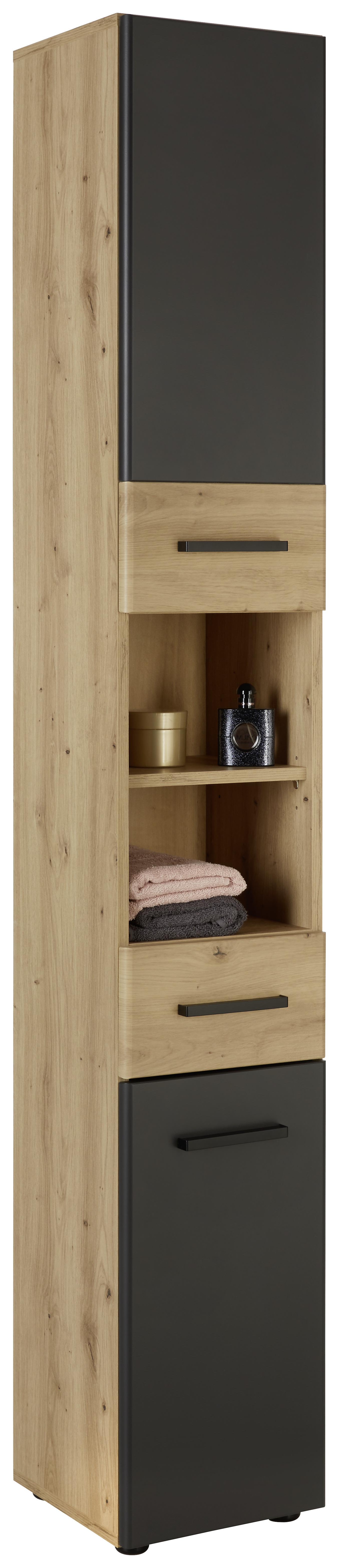 Hochschrank in Grau/Eichefarben - Eichefarben/Schwarz, MODERN, Holzwerkstoff/Kunststoff (30/190/30cm) - Mömax