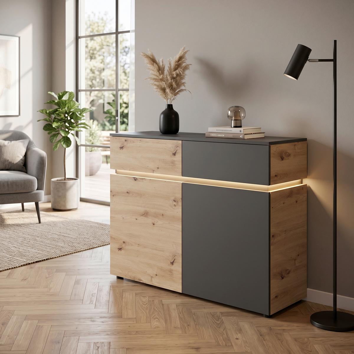 Široka Komoda Luci, Barva Hrasta, Antracit - siva/črna, Trend, umetna masa/leseni material (120,4/90,1/40cm) - Modern Living