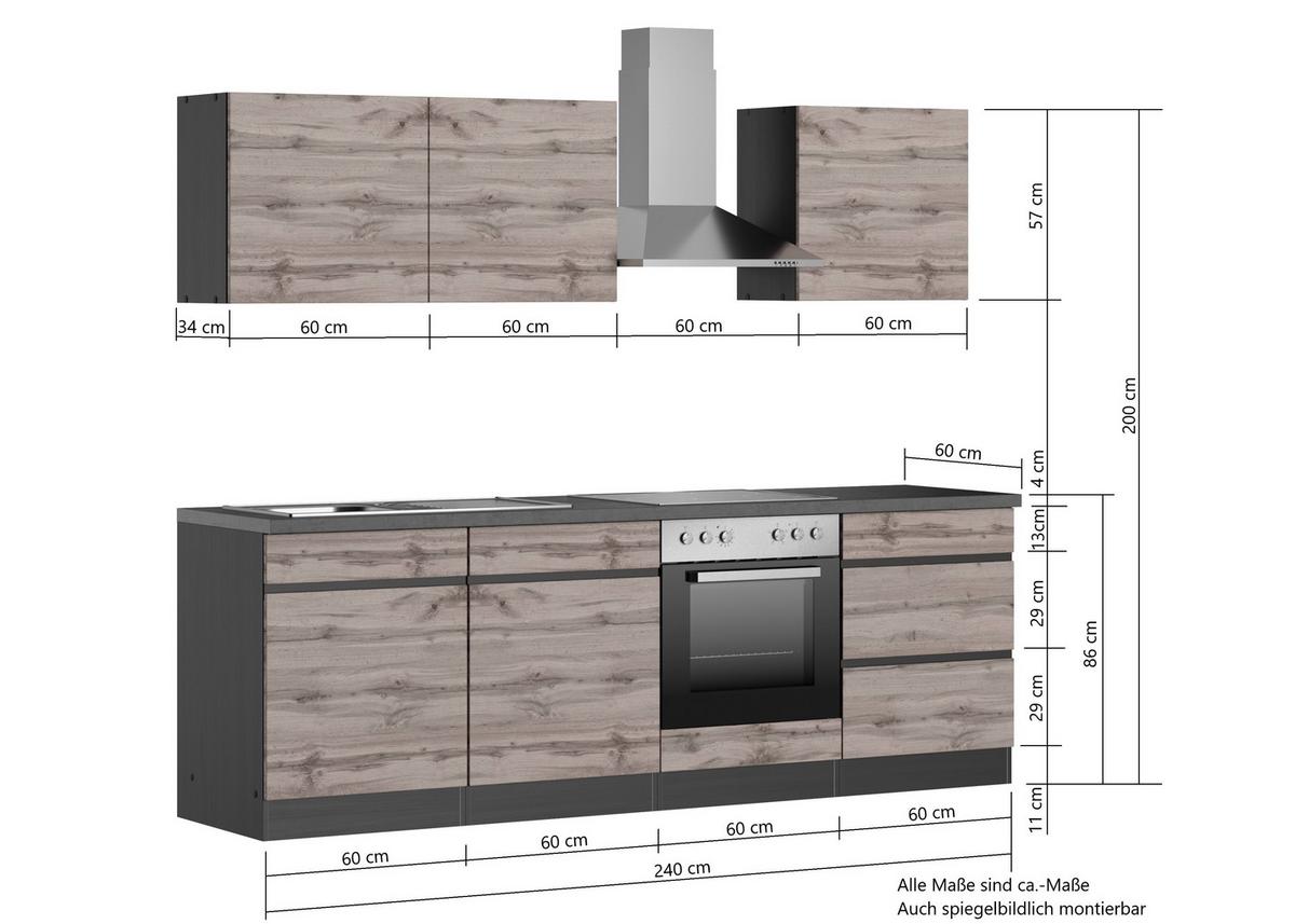 Küchenblock Turin mit Geräten ca. 240 cm Grau/Eiche - Eiche Wotan/Graphitfarben, Design, Holzwerkstoff (240cm) - Held