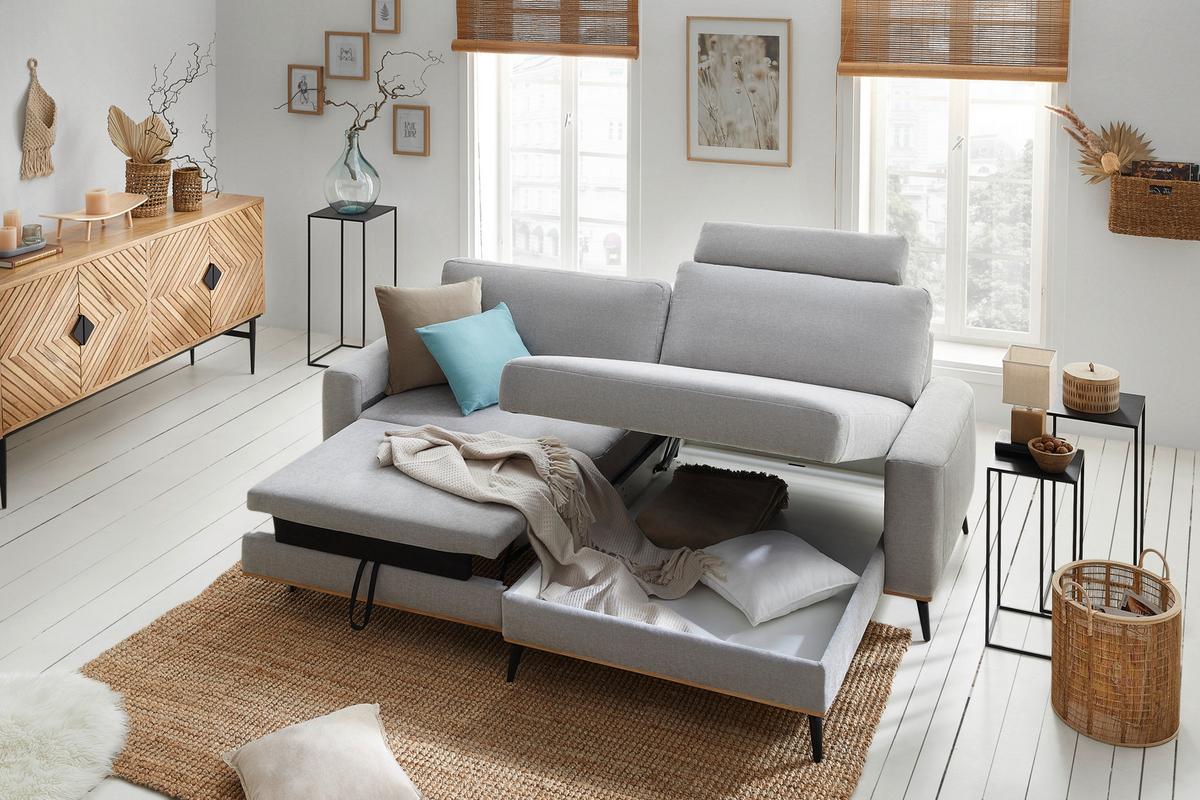 Wohnlandschaft Romeo Grau mit Bettfunktion - Schwarz/Grau, KONVENTIONELL, Holz/Textil (234/87/167cm) - Zandiara