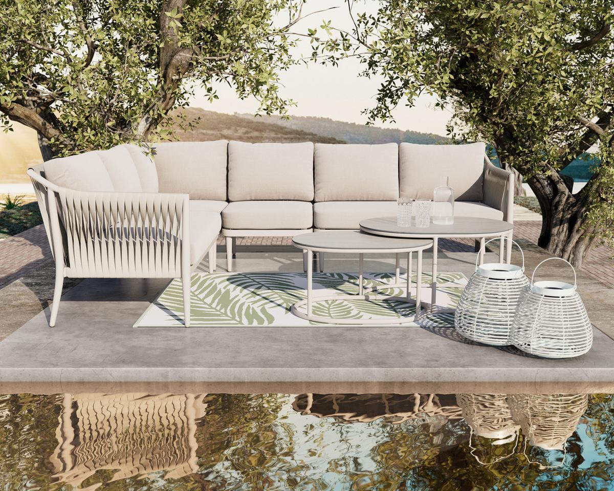 Loungegarnitur Alvina Outdoorstoff/Metall +Abdeckung - Creme, MODERN, Kunststoff/Textil (259/74/199cm) - Bessagi Garden