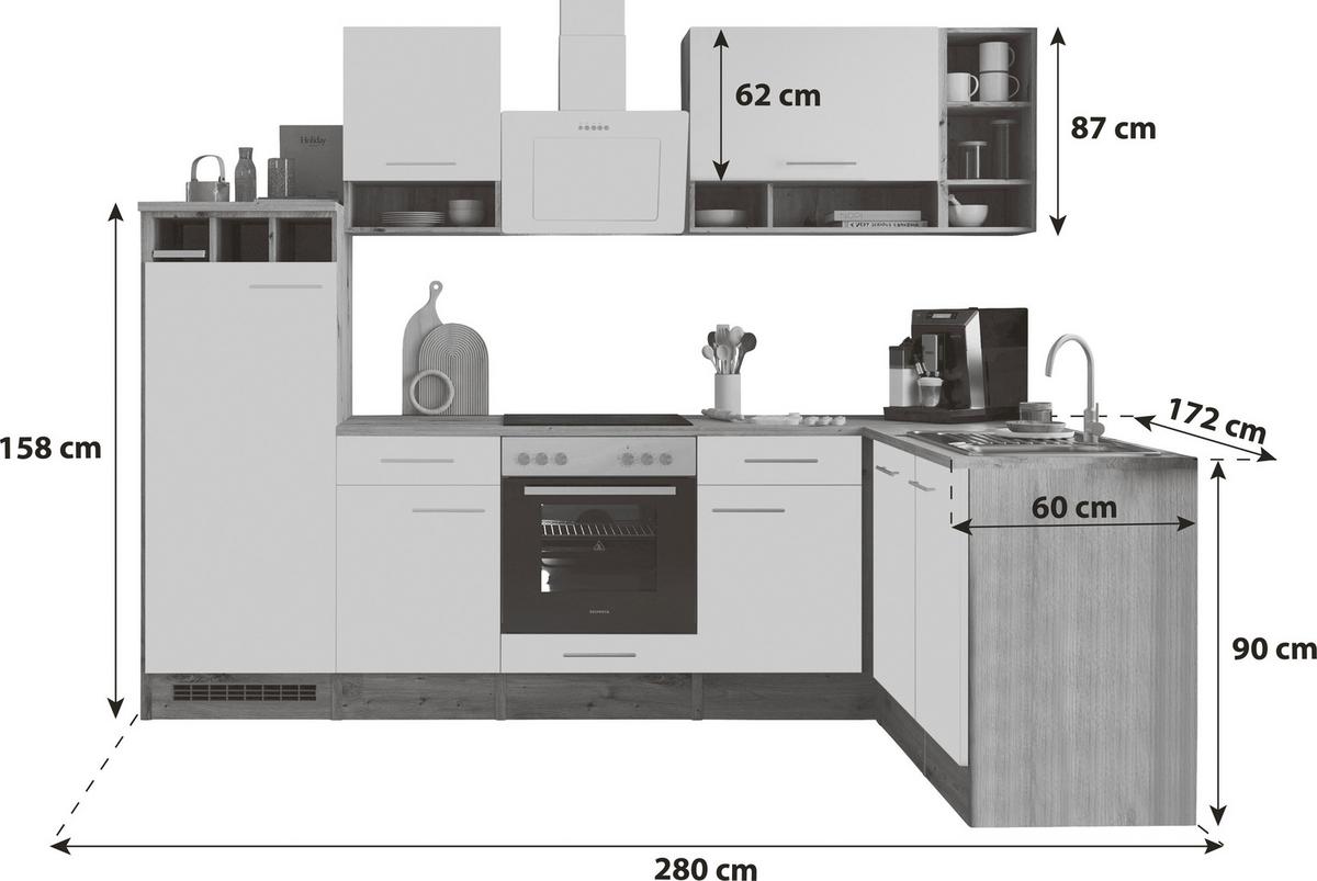 Kotna Kuhinja Brez Aparatov Hilde, Bela, Barva Hrasta - bela/divji hrast, Basics, kovina/leseni material (280/172cm) - Respekta
