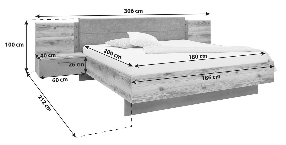 Set pat cu noptiere Alicante - culoare lemn molid/gri, Modern, textil/material pe bază de lemn (180/200cm)