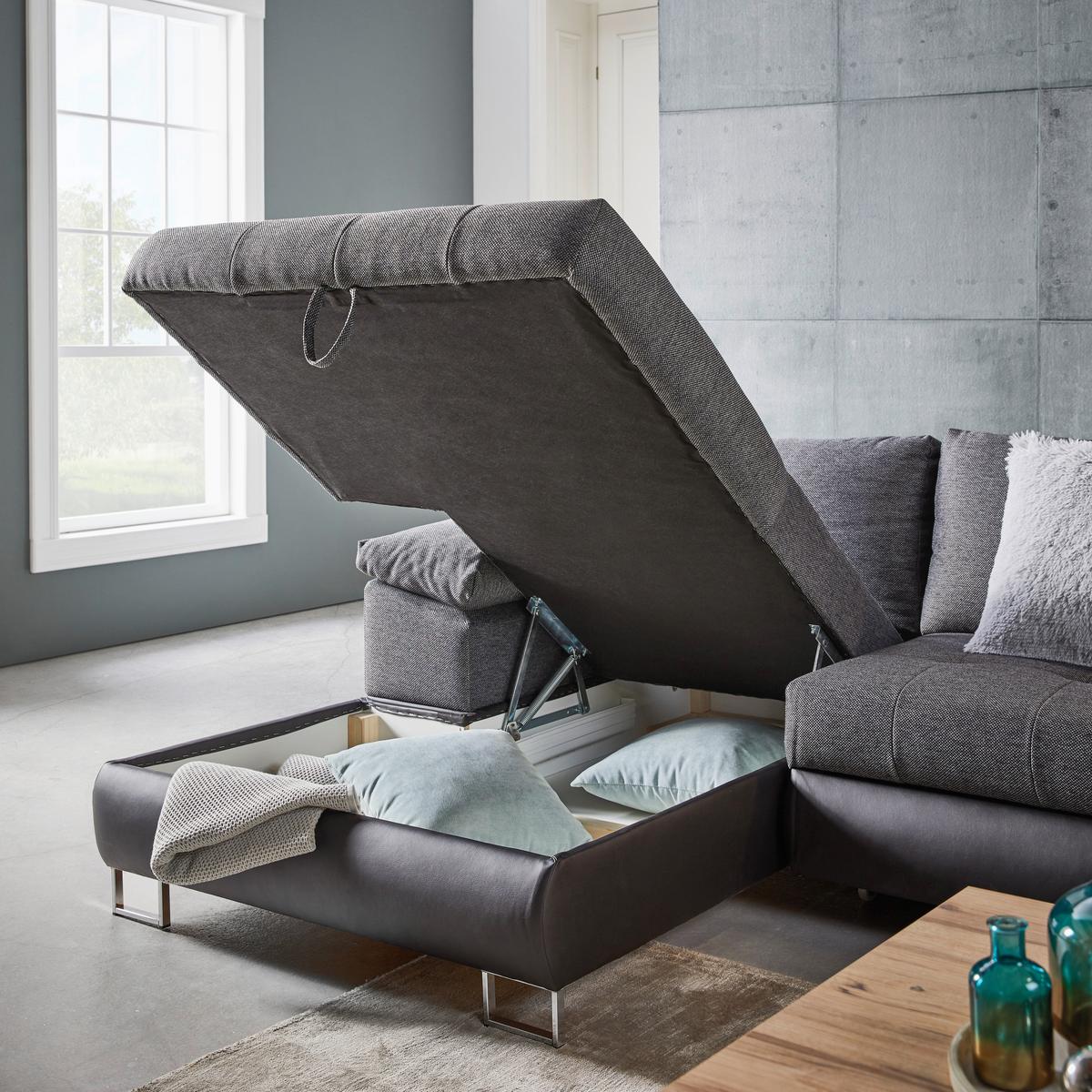 Ecksofa Focus in Grau mit Bettfunktion - Chromfarben/Anthrazit, Konventionell, Textil/Metall (170/91/117/268cm) - Based