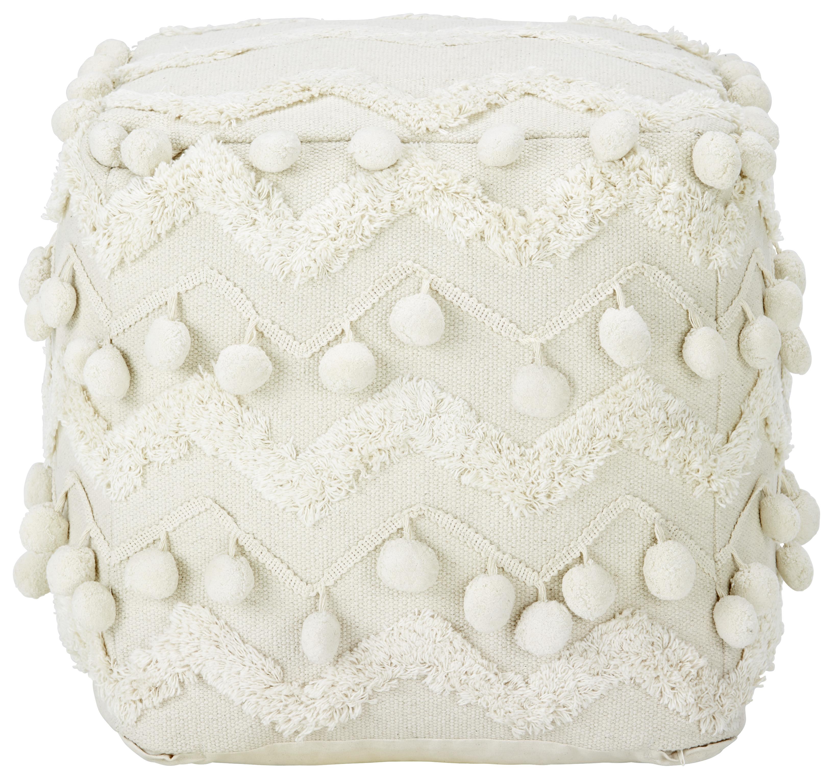 SITTPUFF POMPOM - cremefärgad, Romantik / Lanthus, textil (45/45/45cm) - Zandiara