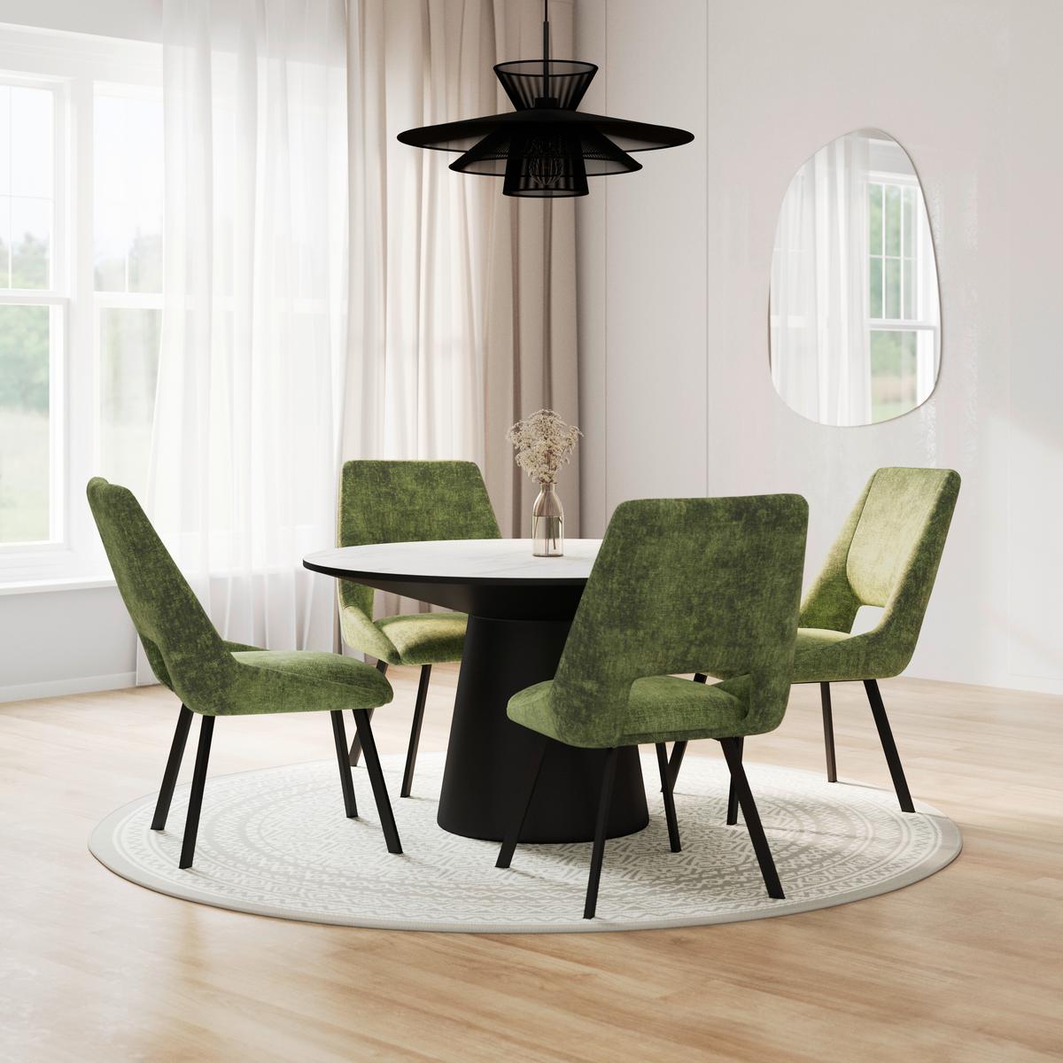 Jedilna Garnitura Amarillo, Miza Ø 120cm, 4x Stol - črna/zelena, Moderno, kovina/tekstil - Bessagi Home