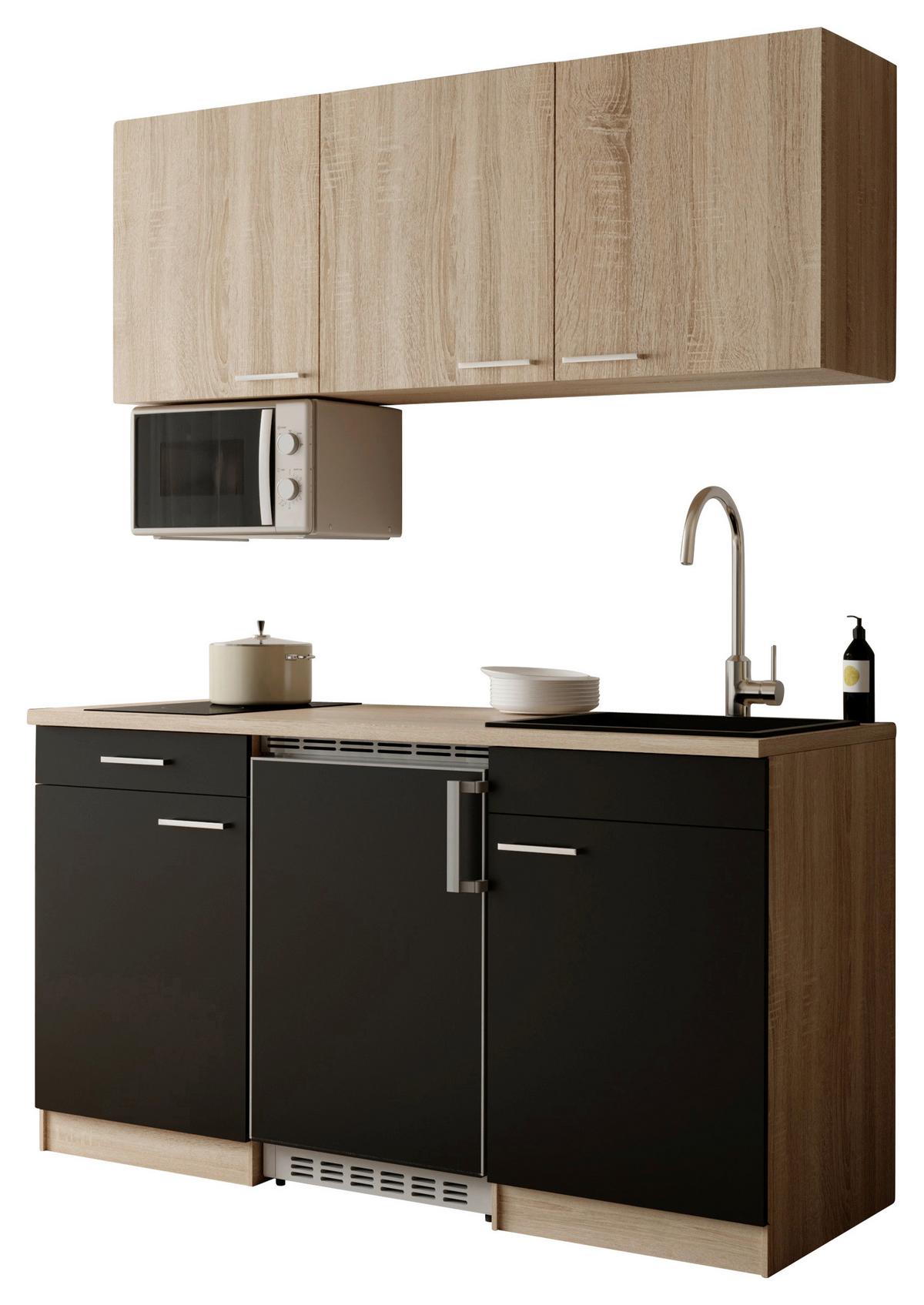 Miniküche Ingrid m. Geräten ca. 150cm Schwarz - Eichefarben/Schwarz, Design, Holzwerkstoff/Kunststoff (150cm) - Respekta