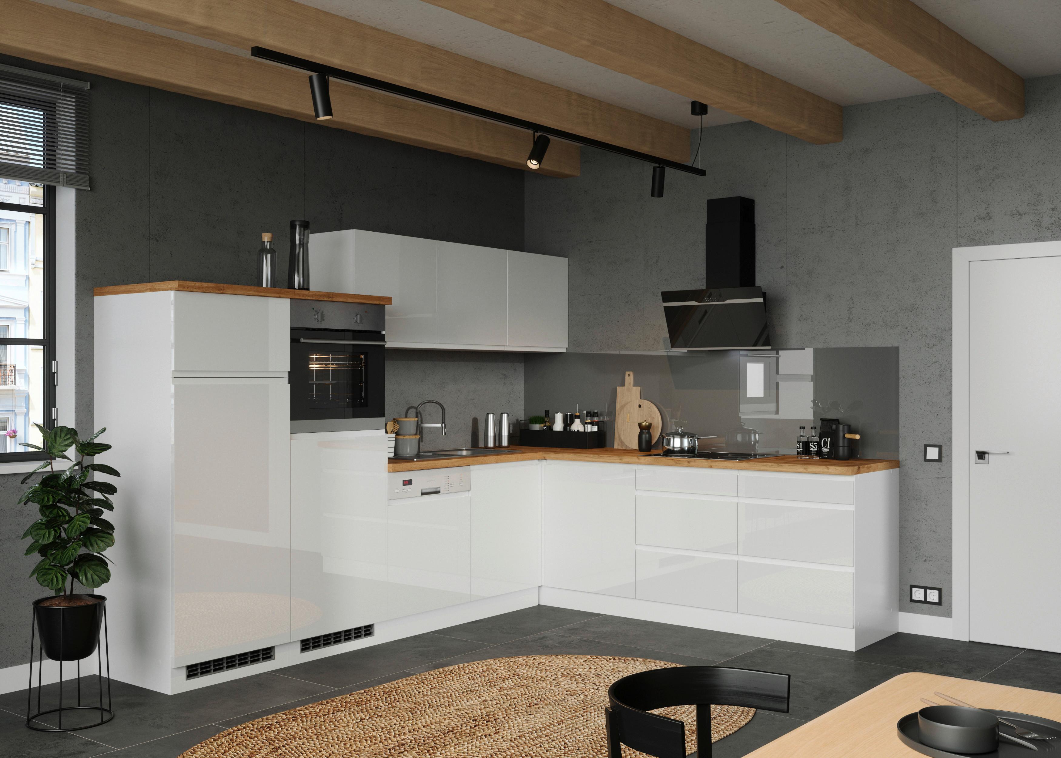 Eckküche Monza mit Geräten ca. 300x240 cm Weiß/Eiche - Weiß Hochglanz/Eiche Wotan, LIFESTYLE, Holzwerkstoff (300/240cm) - Held