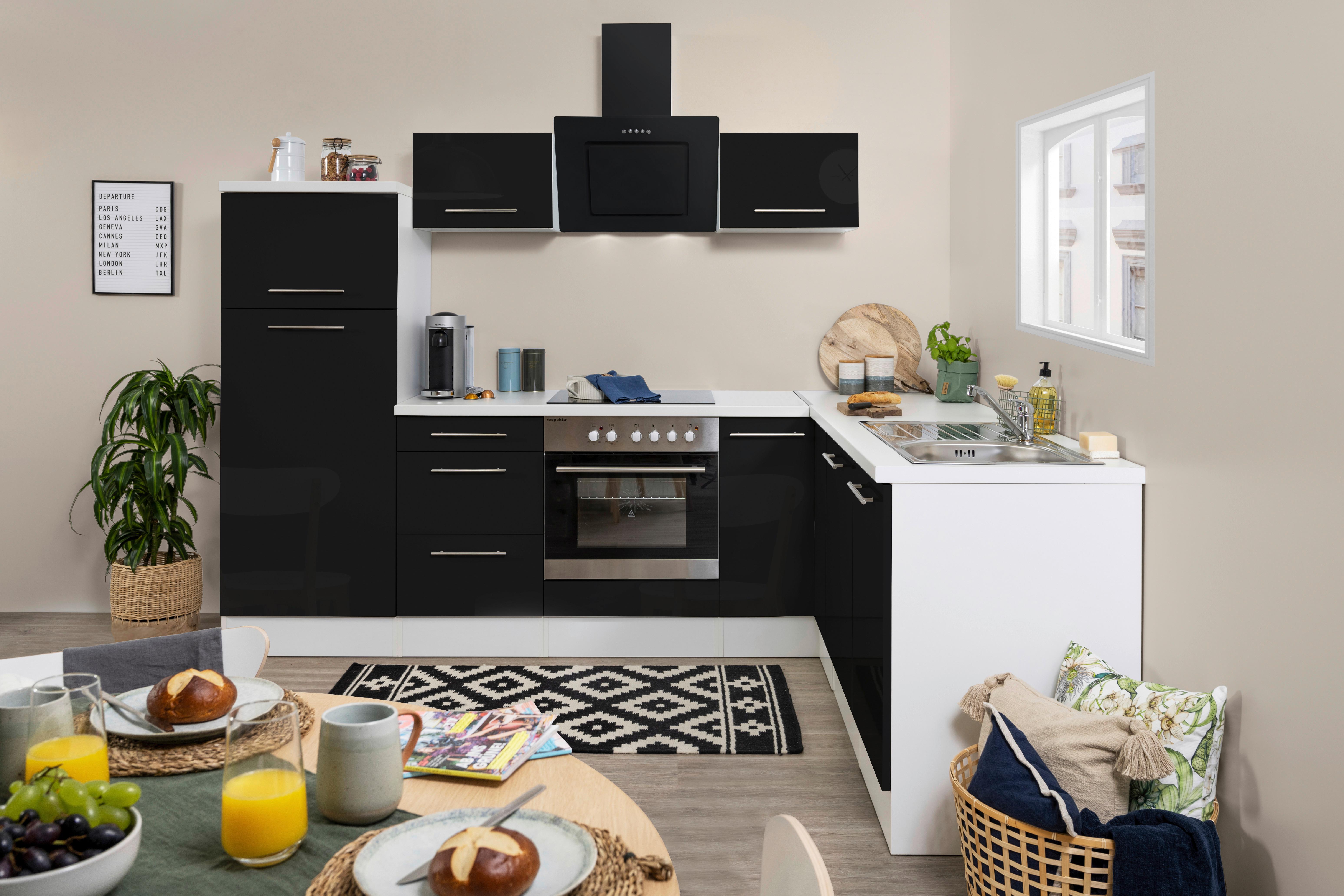 Eckküche mit Geräte Schwarz /Weiß ca. 260x200 cm - Schwarz/Alufarben, KONVENTIONELL, Holzwerkstoff (260/200cm) - Respekta