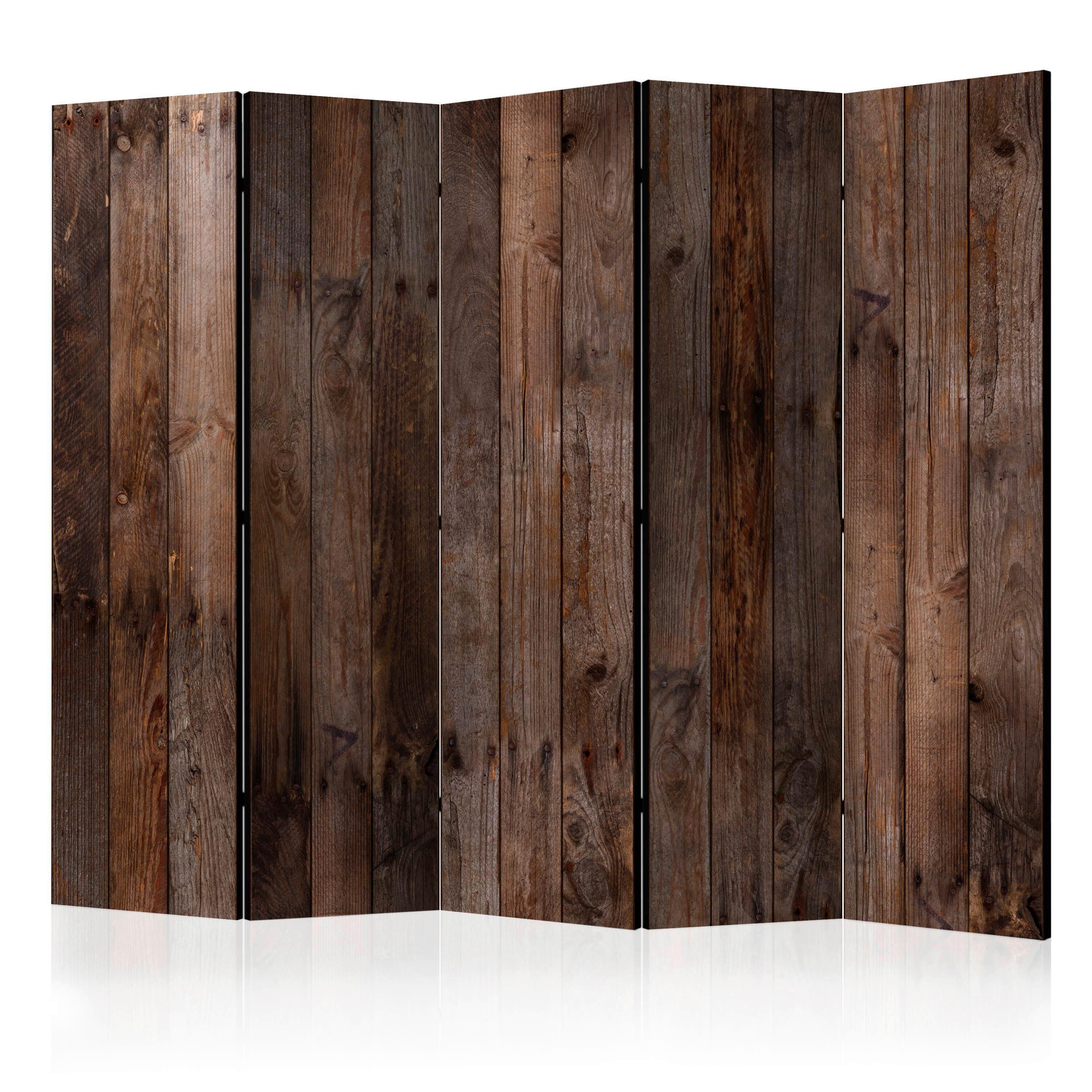 Paravan Wooden Hut I, 5-Delni, Akustičen - barve kapučina/rjava, Basics, umetna masa/tekstil (225/172/3cm) - artgeist