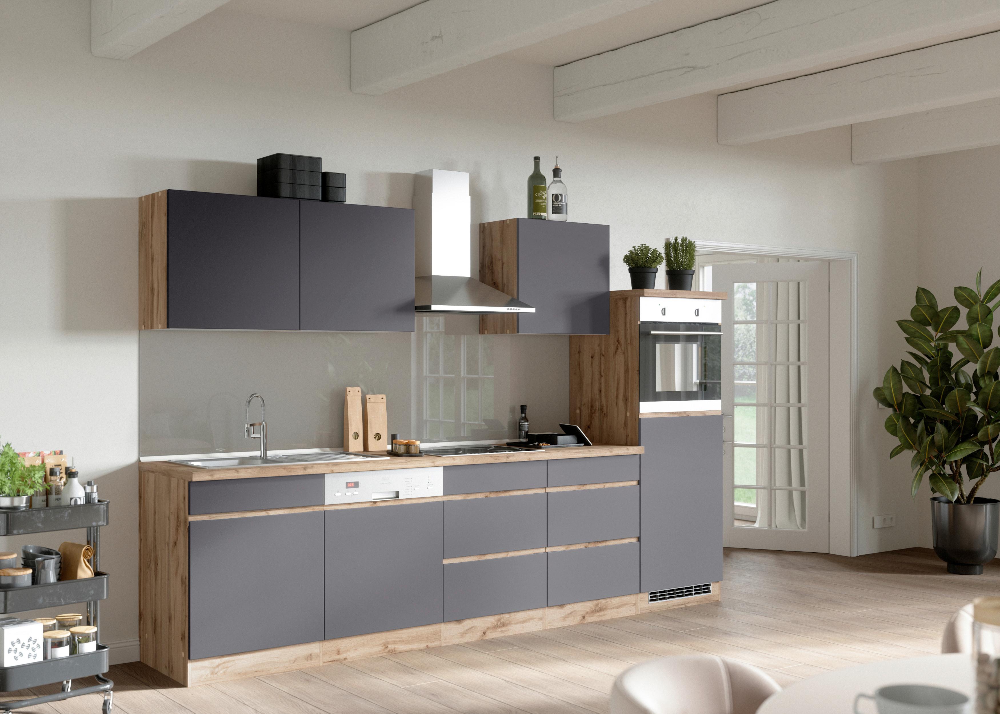 Küchenzeile Turin ohne Geräte ca. 300 cm Grau/Eiche - Eiche Wotan/Grau, Design, Holzwerkstoff (300cm) - Held
