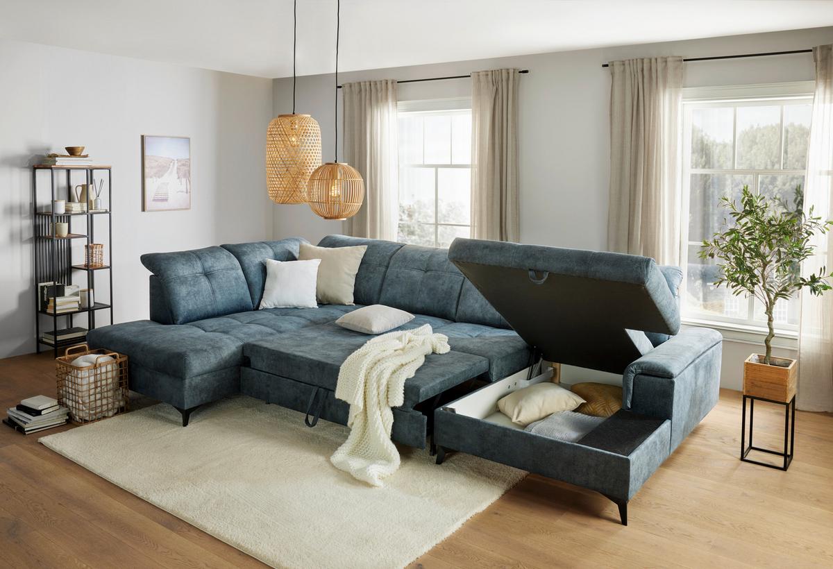 Wohnlandschaft Sierra in Dunkelblau - Blaugrau/Schwarz, MODERN, Textil/Metall (230/364/181cm) - Mömax