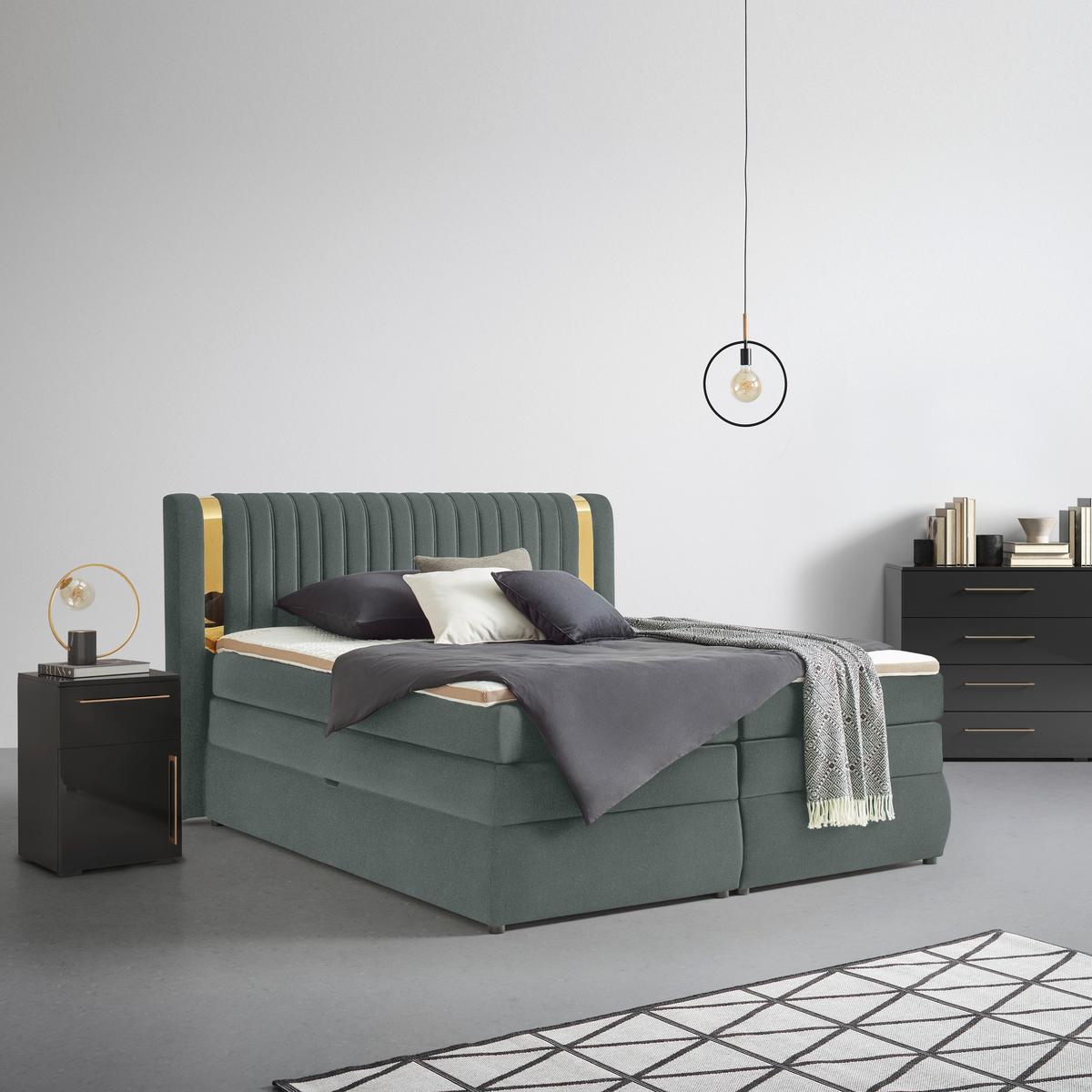 Boxspringbett Minola Gold Graphitfarben ca. 180x200cm - Graphitfarben/Schwarz, KONVENTIONELL, Kunststoff/Textil (180/200cm) - Premium Living