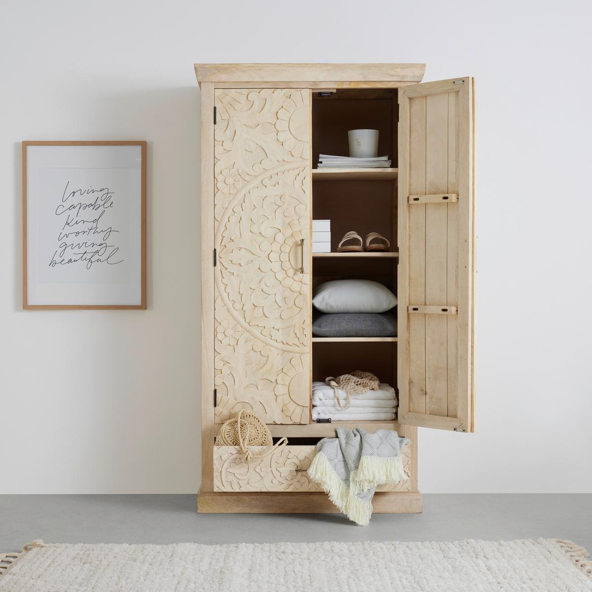 Schrank Ayda aus Mangoholz massiv - Messingfarben/Naturfarben, ROMANTIK / LANDHAUS, Holz/Metall (90/175/45cm) - Zandiara