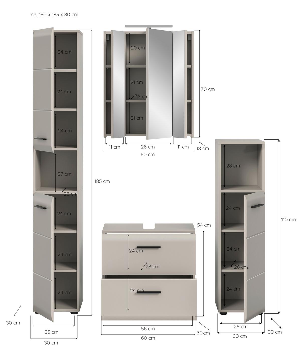 Badezimmer Ice Kaschmir 4-teilig - Kaschmir/Schwarz, Trend, Glas/Holzwerkstoff (120cm) - MID.YOU