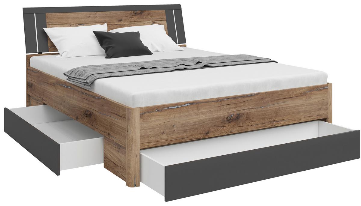 Stauraumbett Saturn ca. 160x200cm Graphit/Eichefarben - Eichefarben/Graphitfarben, Konventionell, Holzwerkstoff (160/200cm) - Mömax