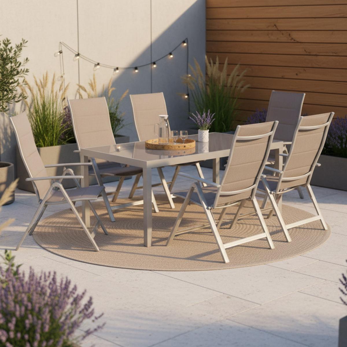 Gartenmöbel Set 7-tlg. Taviano Metall/Textil/Glas - Silberfarben/Braun, ROMANTIK / LANDHAUS, Glas/Textil - Gardenson