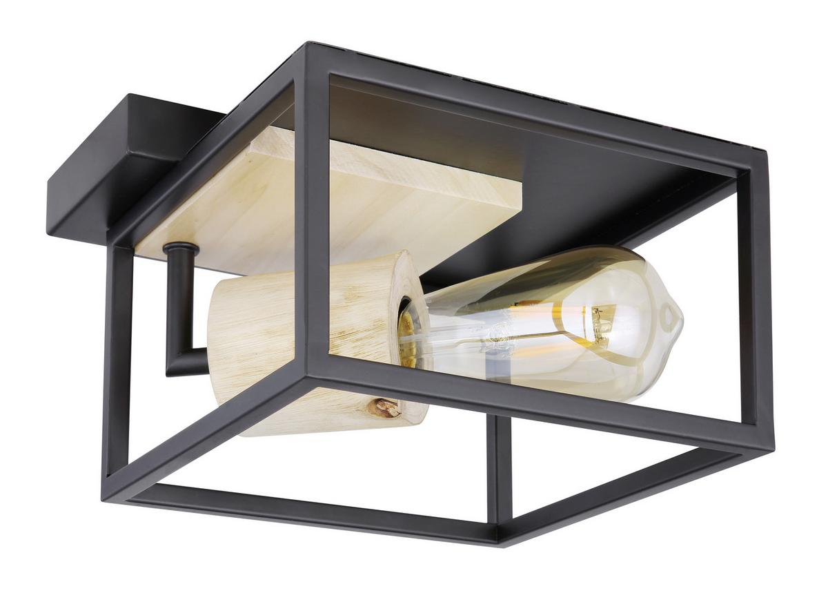 Deckenleuchte 15477 D in Schwarz max. 60 Watt - Schwarz/Naturfarben, Natur, Holz/Metall (22/22/14,5cm) - Globo