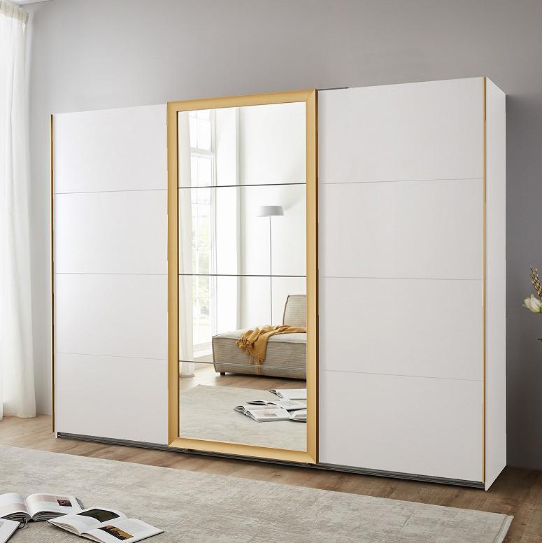 Schwebetürenschrank Katar Weiß/Goldfarben - Goldfarben/Weiß, MODERN, Glas/Holzwerkstoff (225/208/64cm) - Mömax