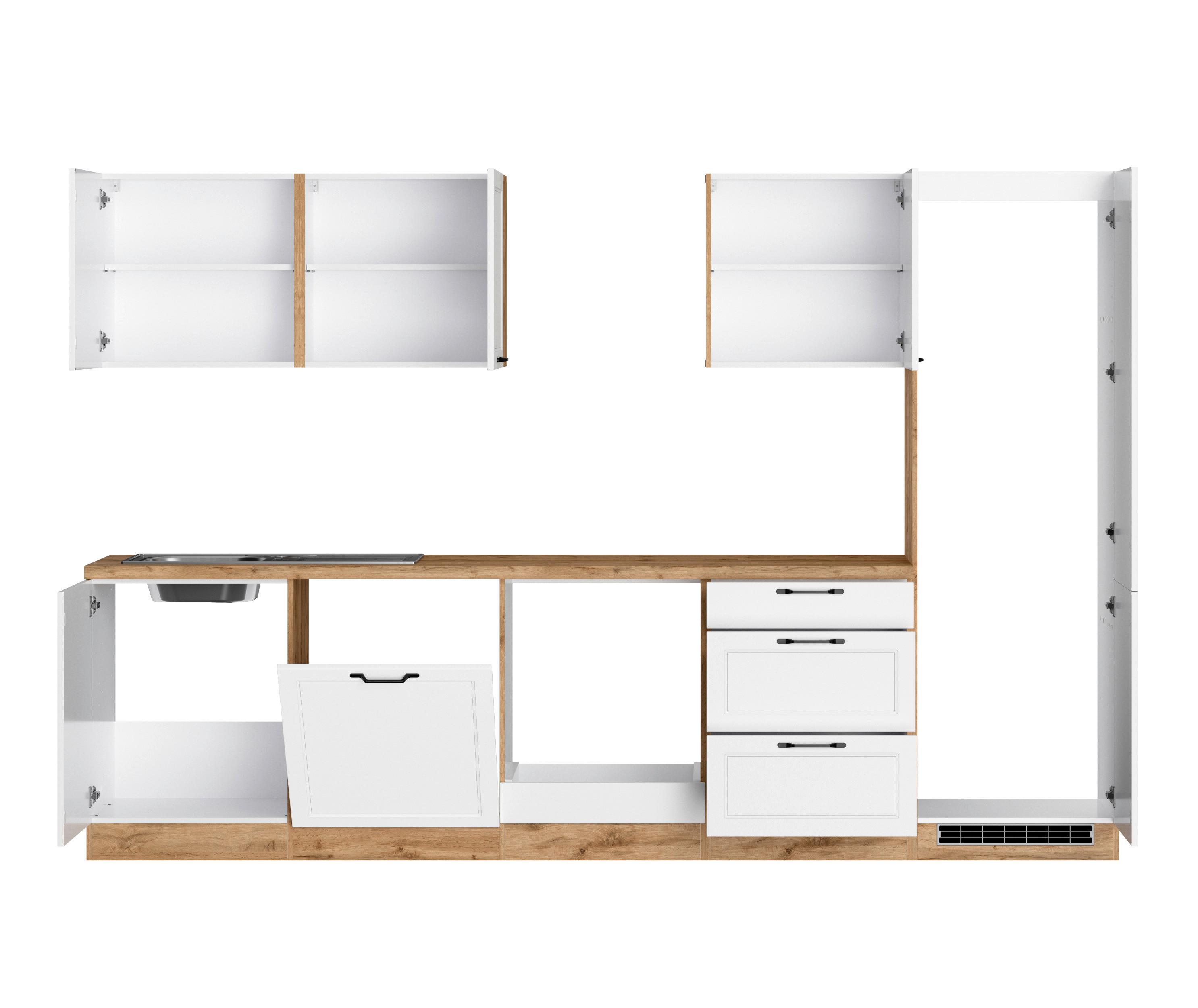 Küchenzeile Meran ohne Geräte ca. 300 cm Weiß/Eiche - Eiche Wotan/Schwarz, LIFESTYLE, Holzwerkstoff/Metall (300cm) - Held