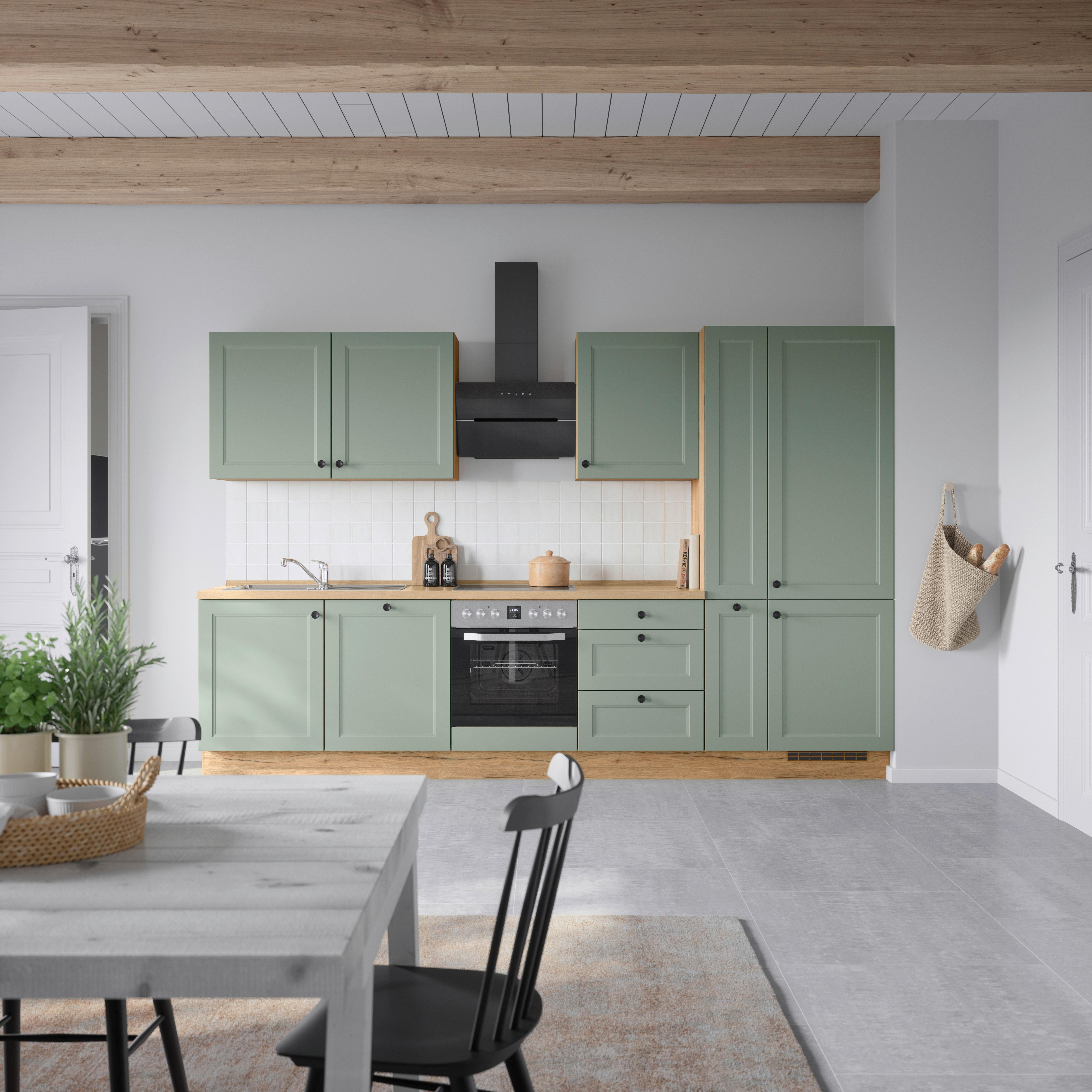 Küchenblock Cascada High m. Geräten Schilfgrün - Schilfgrün/Eichefarben, MODERN, Holzwerkstoff/Metall (330cm) - Nobilia