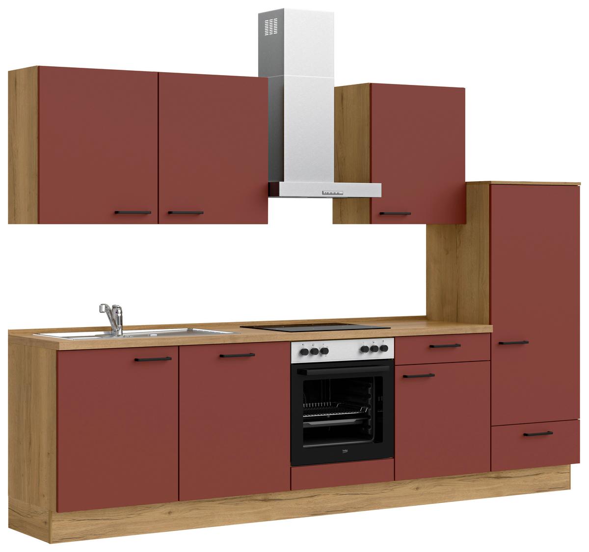 Küchenblock Easytouch Low m. Geräten Dunkelrot - Eichefarben/Schwarz, MODERN, Holzwerkstoff/Metall (300cm) - Nobilia