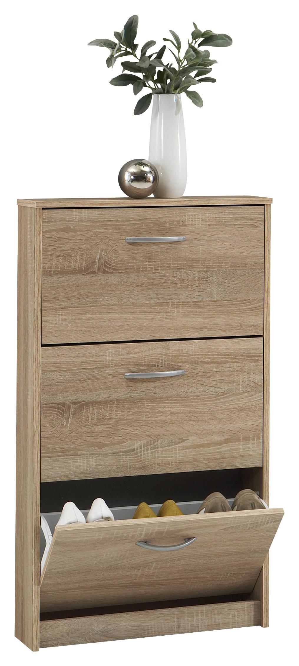 Cipősszekrény 3 Lenyíló Ajtó Step 3 - tölgyfa színű/ezüstszínű, Modern, műanyag/faalapú anyag (58,5/104,5/17cm)