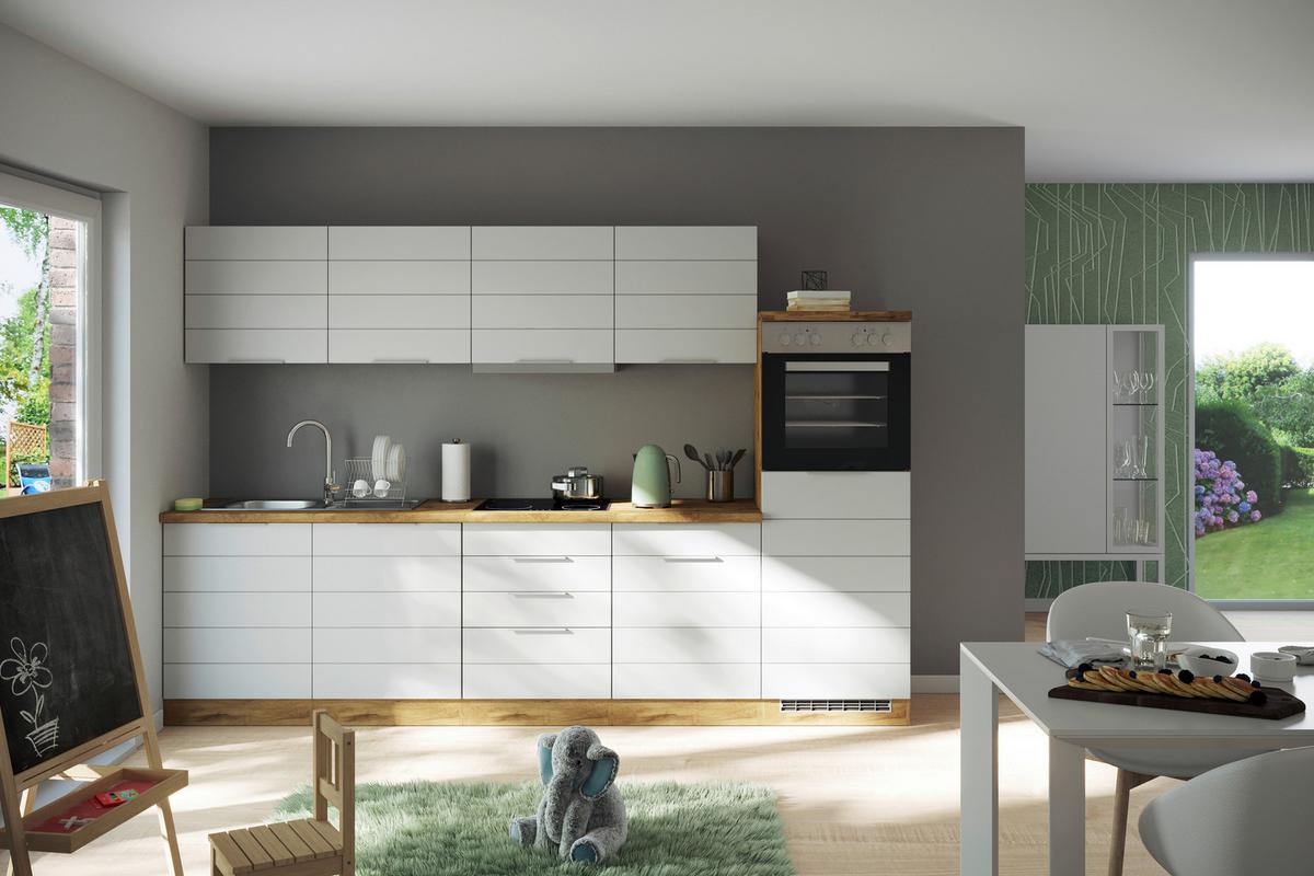 Küchenblock Florenz mit Geräten ca. 300 cm Weiß/Eiche - Eiche Wotan/Weiß, Design, Holzwerkstoff/Metall (300cm) - Held